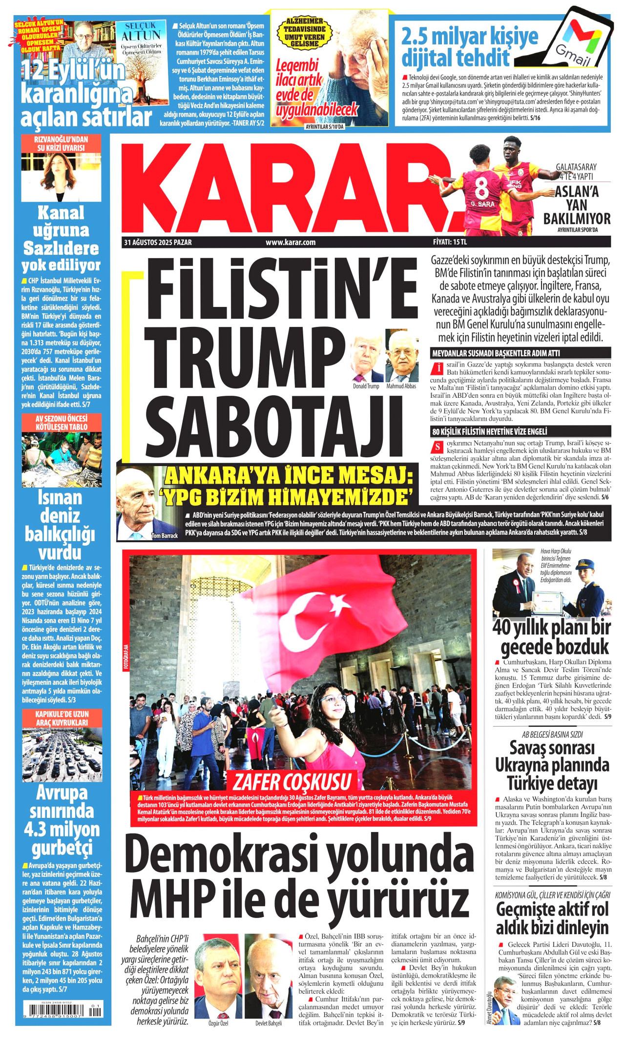KARAR gazetesinin 31 Ağustos 2025 tarihli birinci sayfası