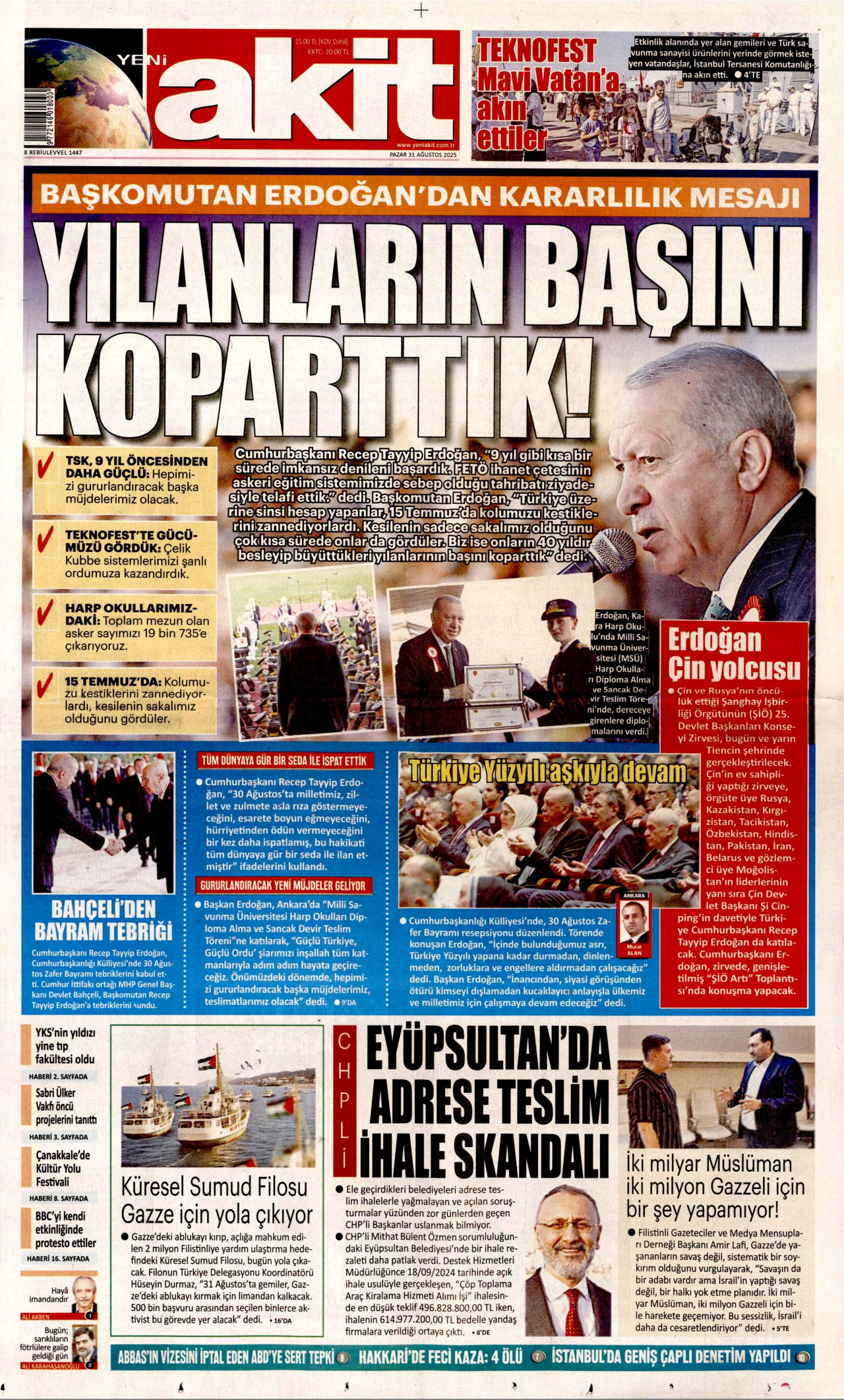 YENİ AKİT gazetesinin 31 Ağustos 2025 tarihli birinci sayfası