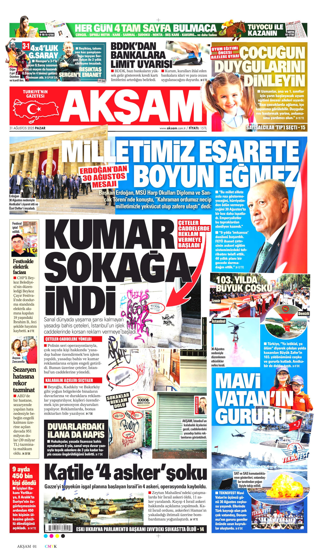 AKŞAM gazetesinin 31 Ağustos 2025 tarihli birinci sayfası