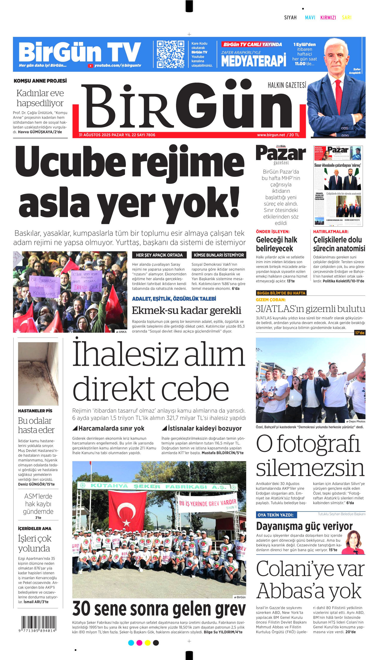 BİRGÜN gazetesinin 31 Ağustos 2025 tarihli birinci sayfası
