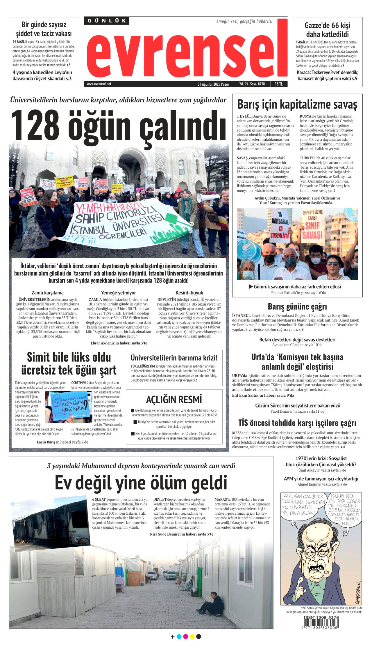 EVRENSEL gazetesinin 31 Ağustos 2025 tarihli birinci sayfası