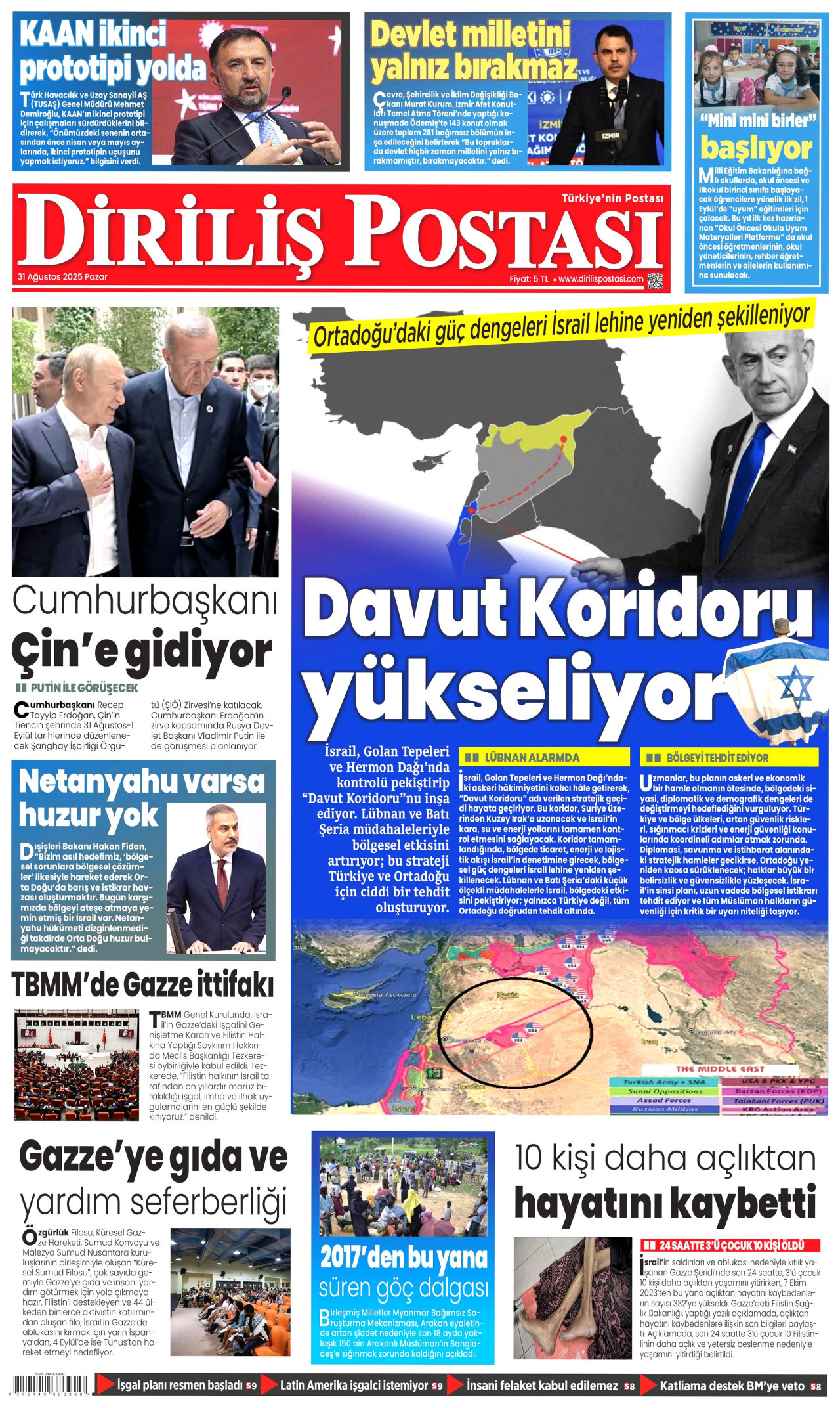 DİRİLİŞ POSTASI gazetesinin 31 Ağustos 2025 tarihli birinci sayfası