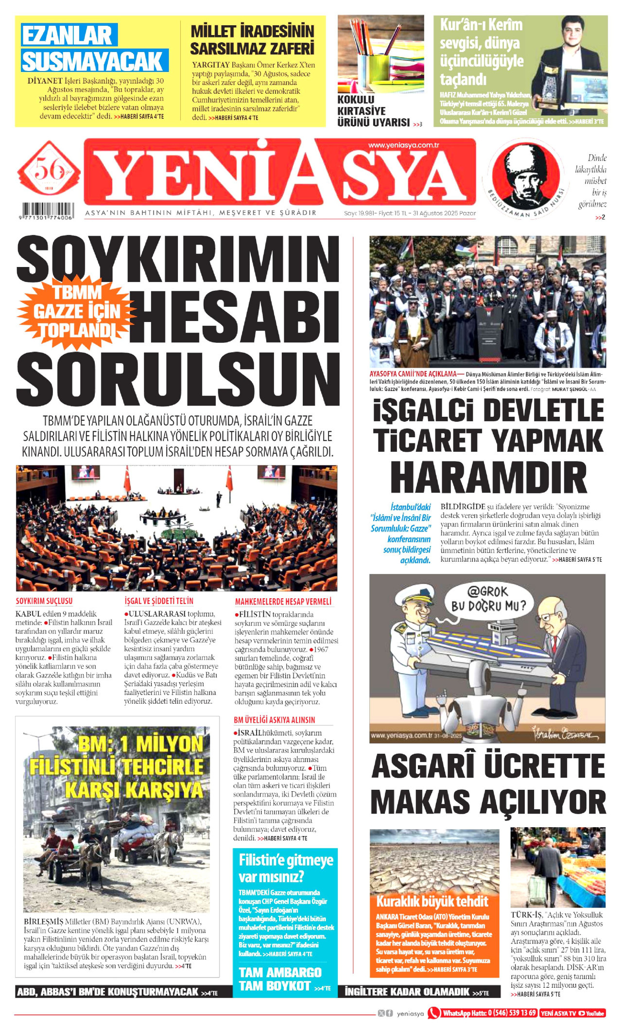 YENİ ASYA gazetesinin 31 Ağustos 2025 tarihli birinci sayfası