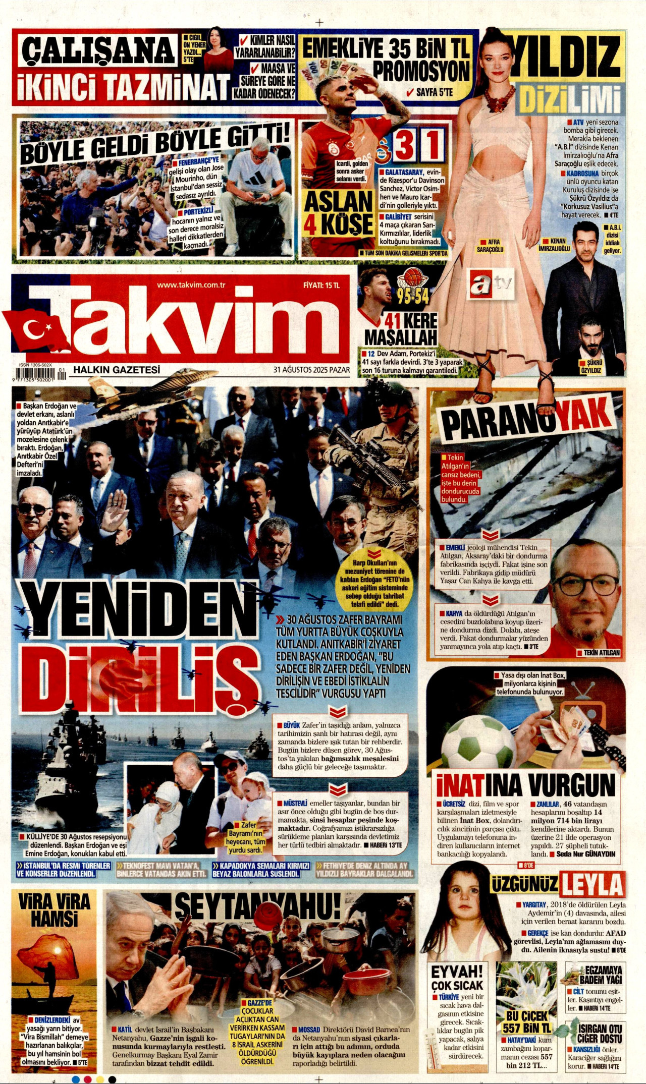 TAKVİM gazetesinin 31 Ağustos 2025 tarihli birinci sayfası