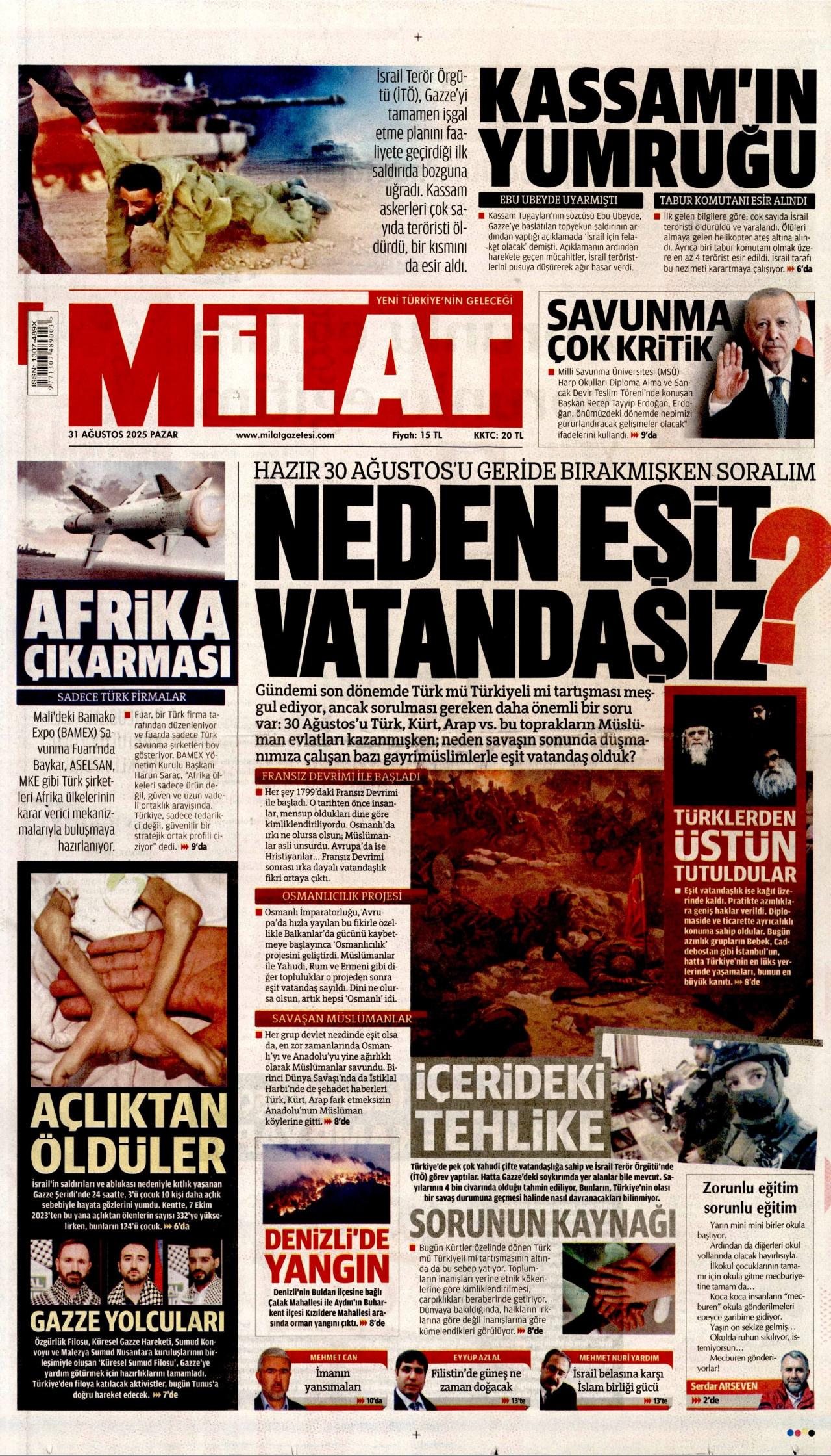 MİLAT gazetesinin 31 Ağustos 2025 tarihli birinci sayfası