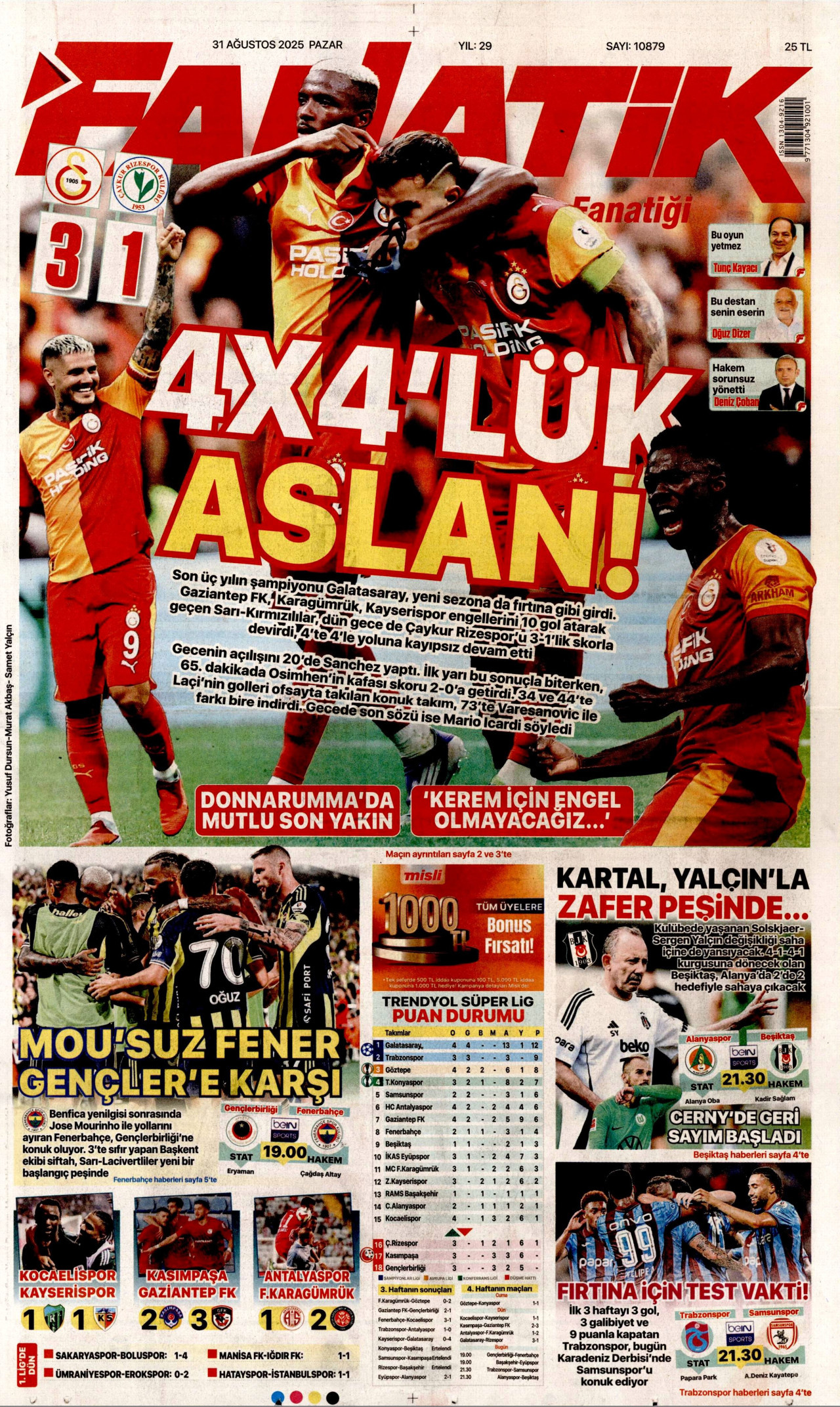 FANATİK gazetesinin 31 Ağustos 2025 tarihli birinci sayfası
