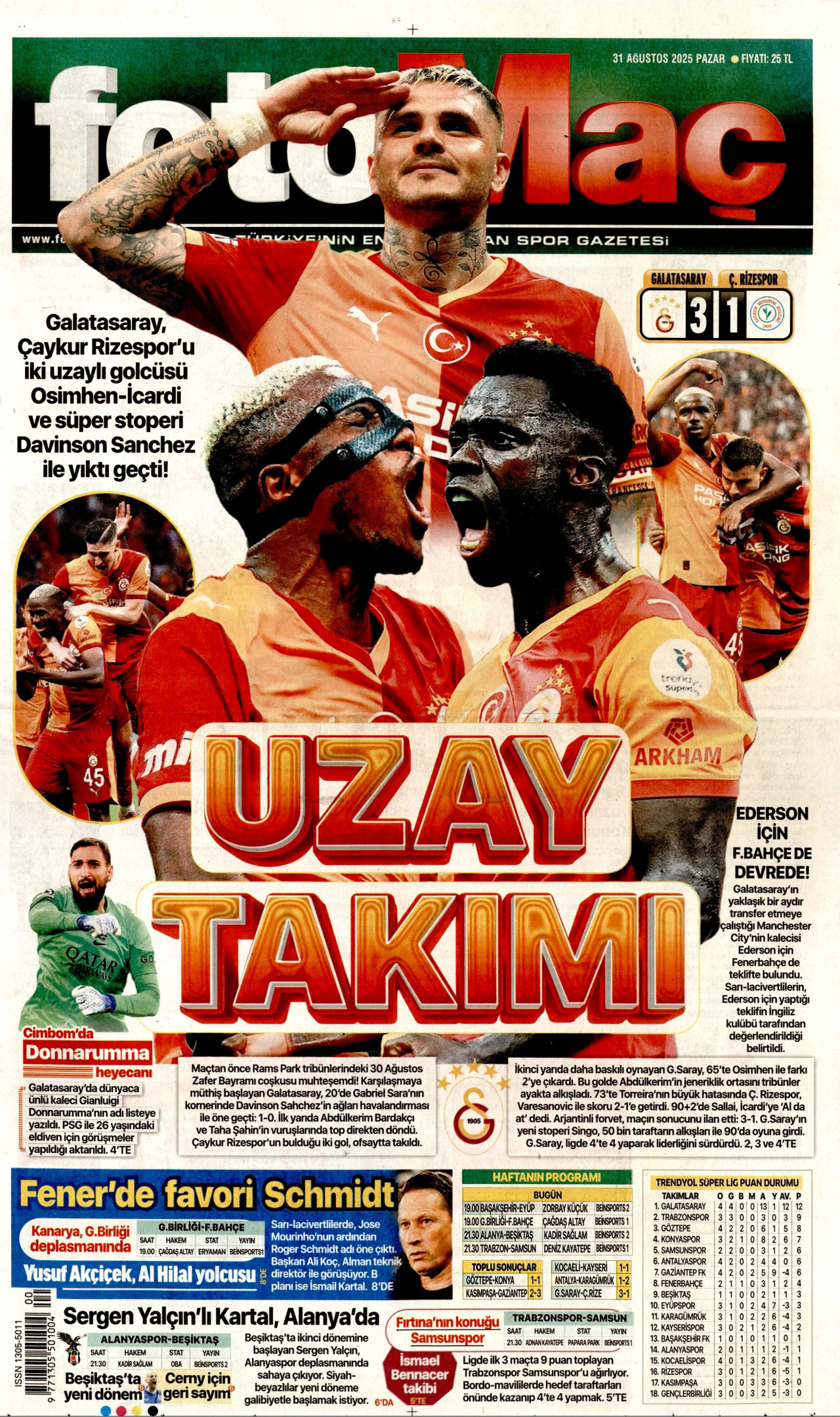 FOTOMAÇ gazetesinin 31 Ağustos 2025 tarihli birinci sayfası
