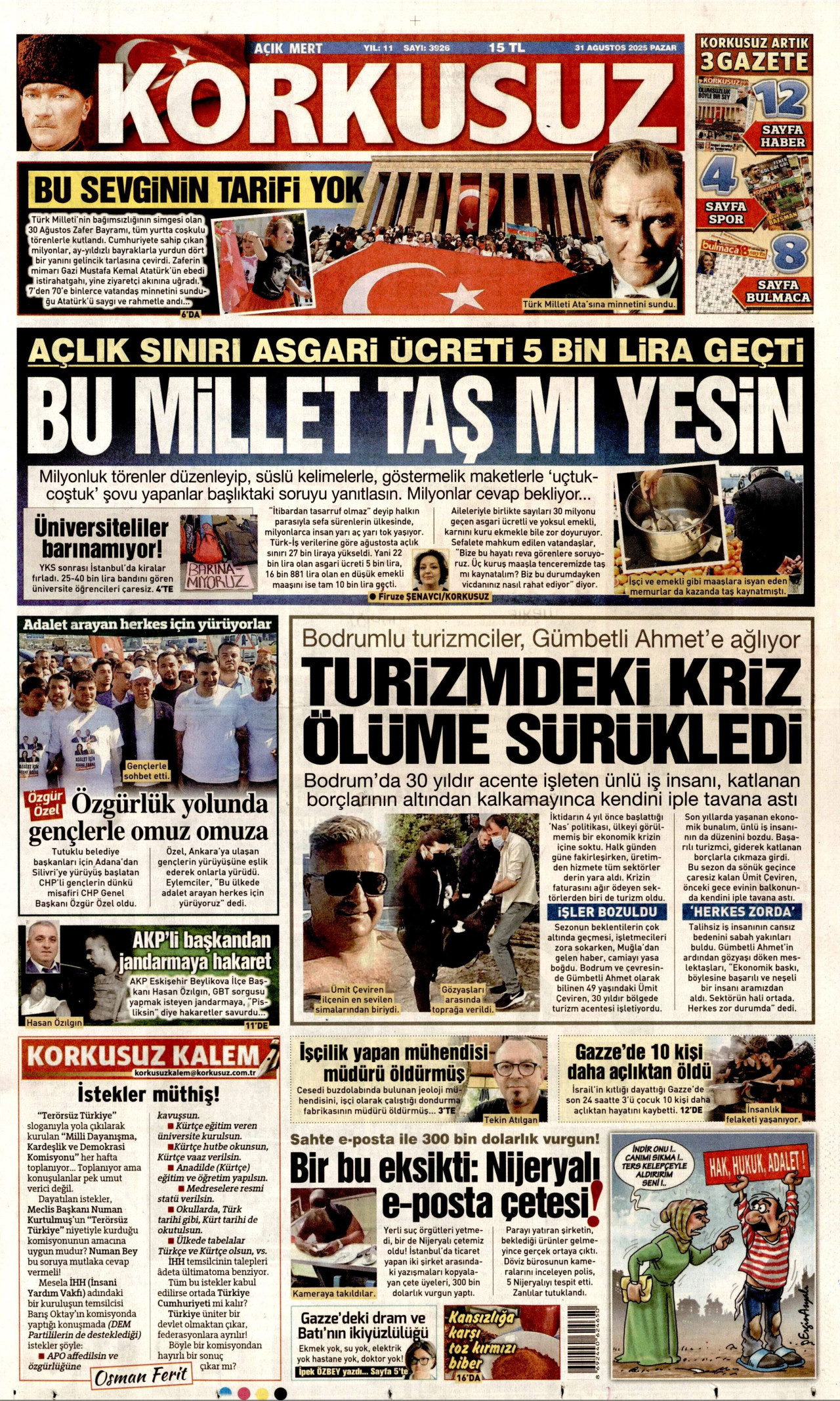 KORKUSUZ gazetesinin 31 Ağustos 2025 tarihli birinci sayfası