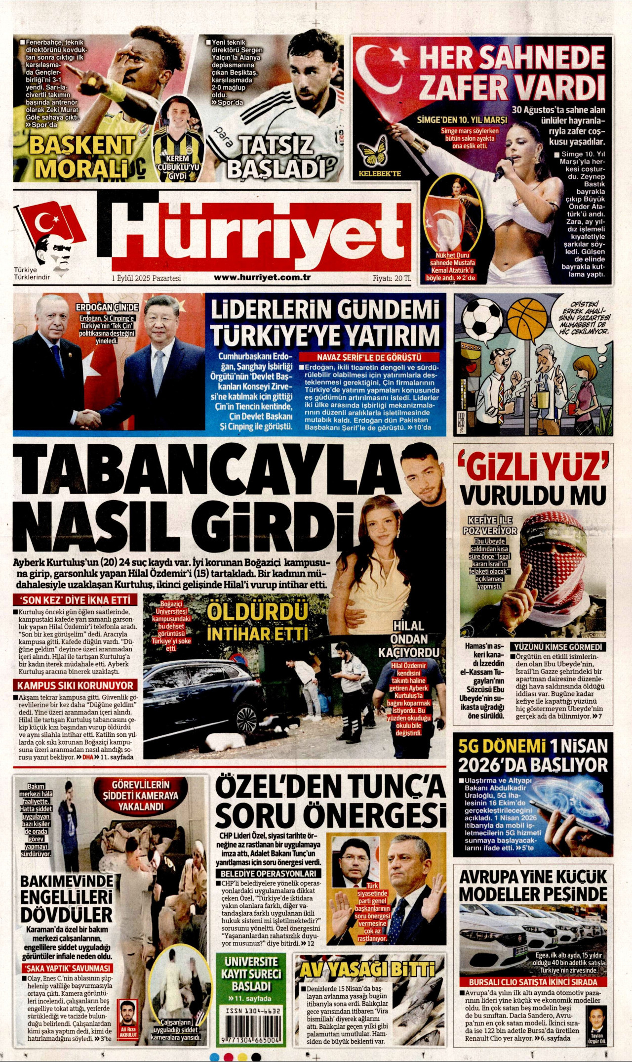 HÜRRİYET gazetesinin 1 Eylül 2025 tarihli birinci sayfası