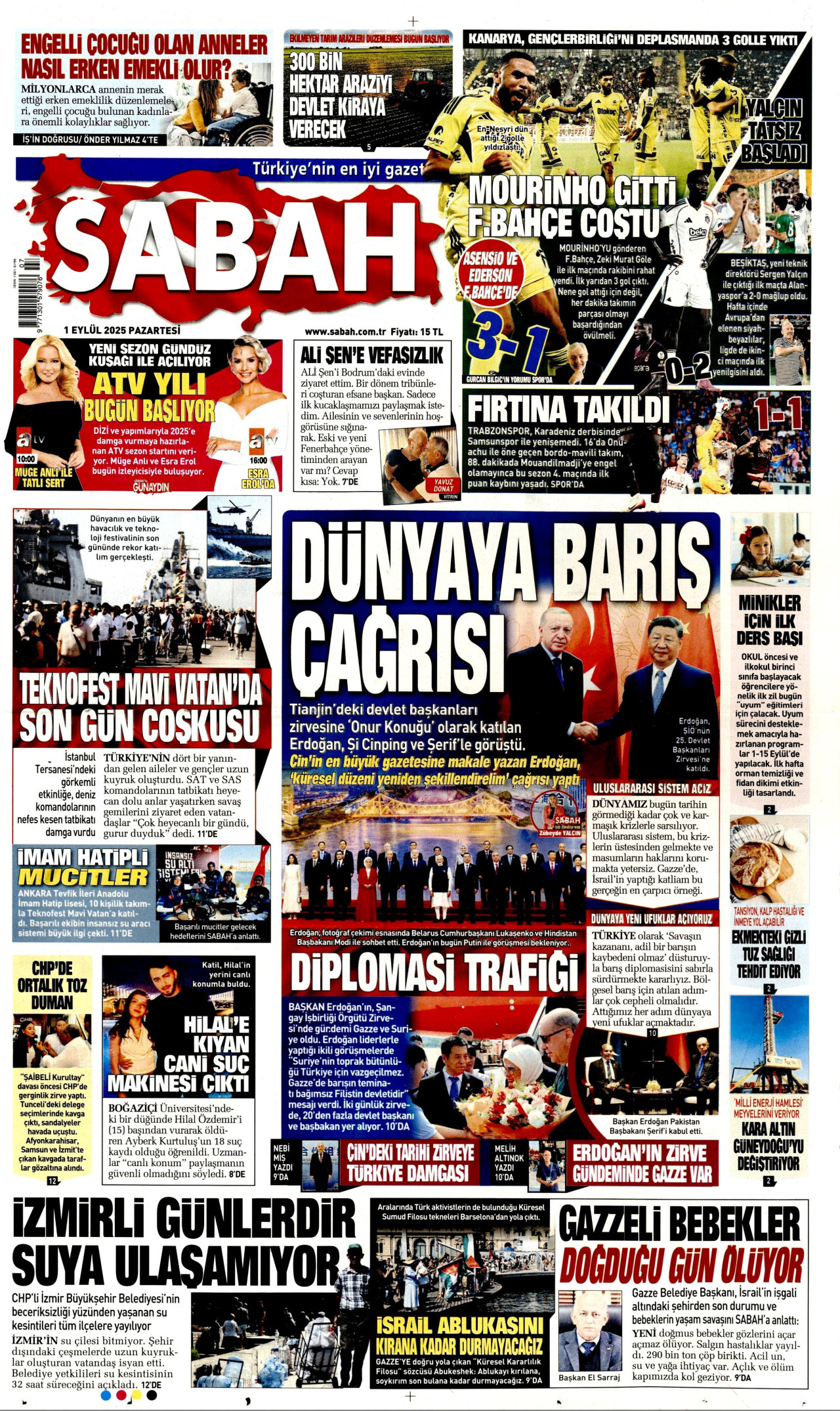 SABAH gazetesinin 1 Eylül 2025 tarihli birinci sayfası