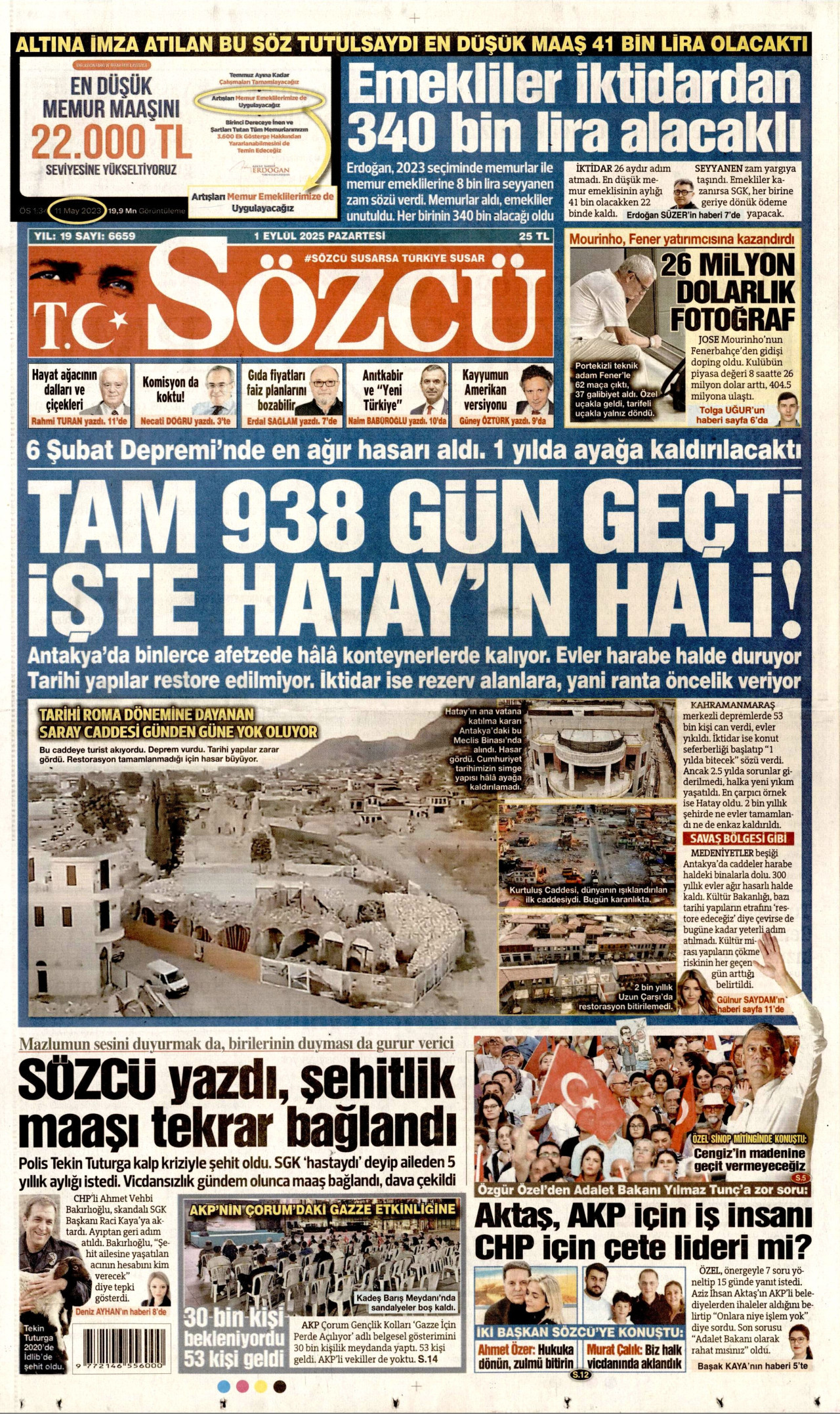 SÖZCÜ gazetesinin 1 Eylül 2025 tarihli birinci sayfası