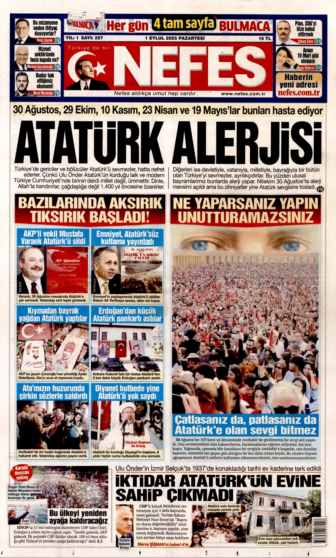 NEFES gazetesinin 1 Eylül 2025 tarihli birinci sayfası