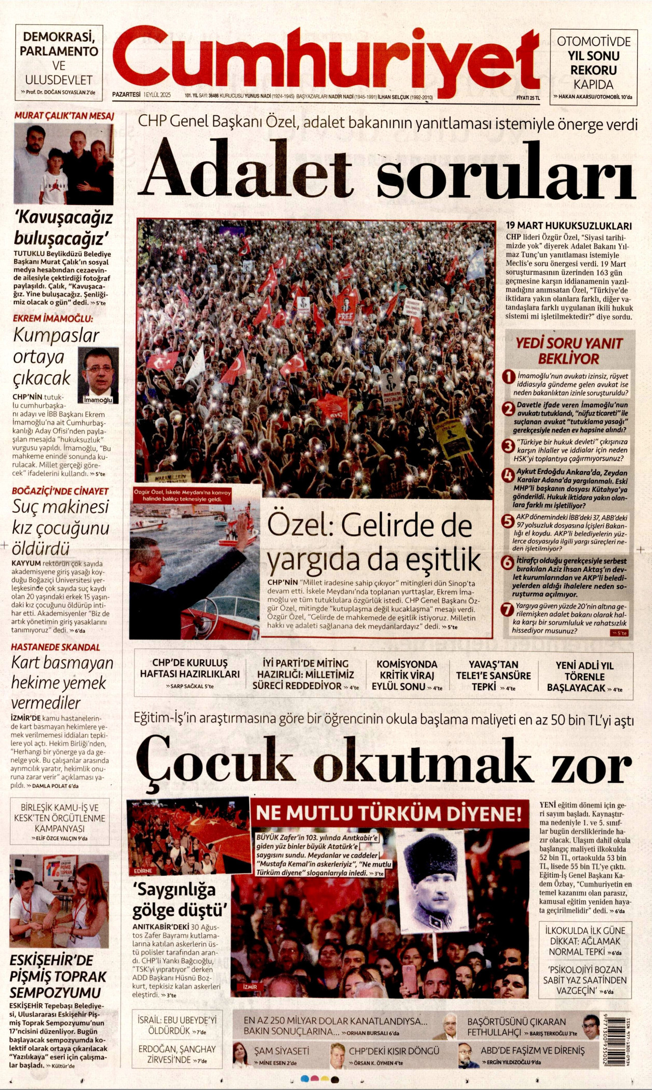 CUMHURİYET gazetesinin 1 Eylül 2025 tarihli birinci sayfası
