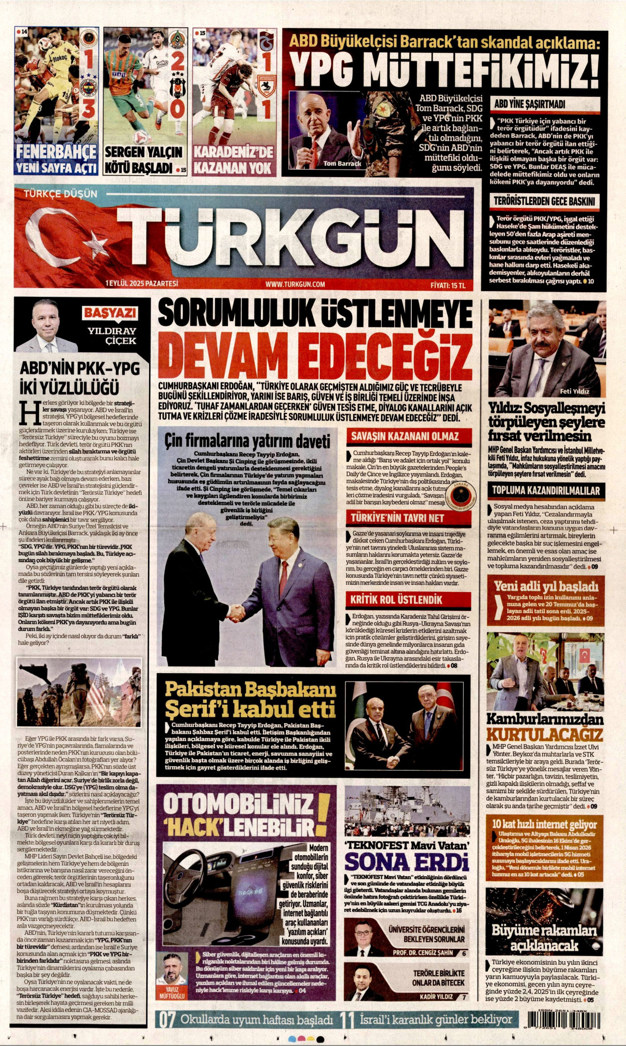 TÜRKGÜN gazetesinin 1 Eylül 2025 tarihli birinci sayfası