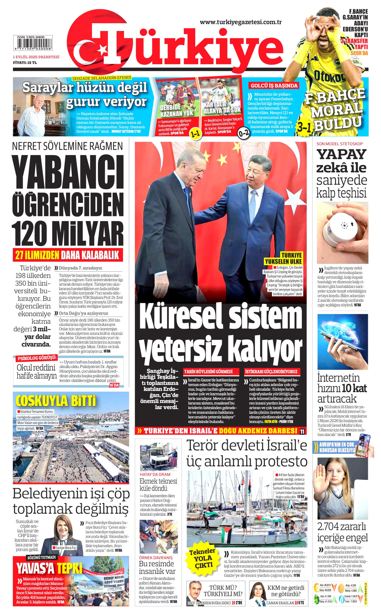 TÜRKİYE GAZETESİ gazetesinin 1 Eylül 2025 tarihli birinci sayfası