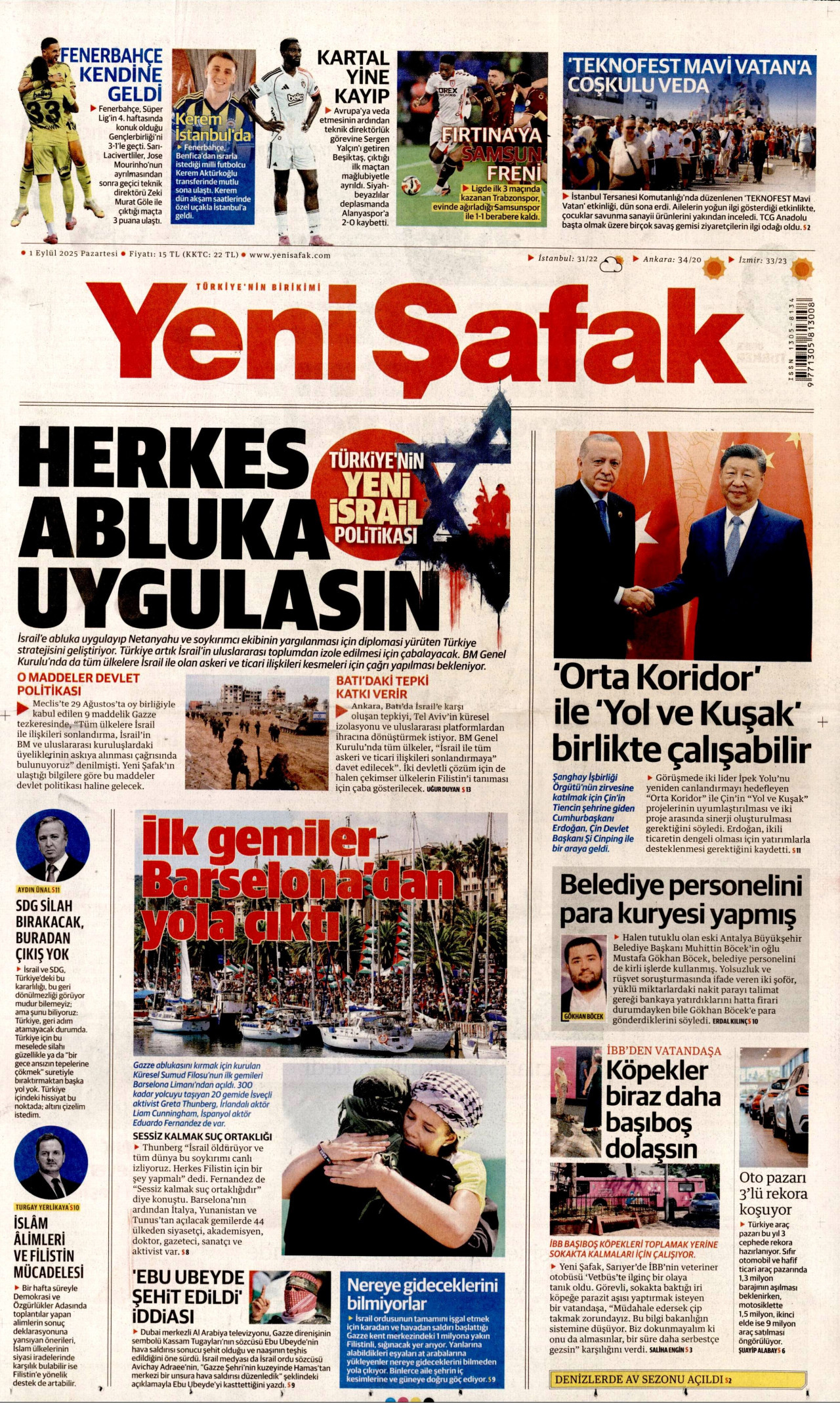 YENİ ŞAFAK gazetesinin 1 Eylül 2025 tarihli birinci sayfası