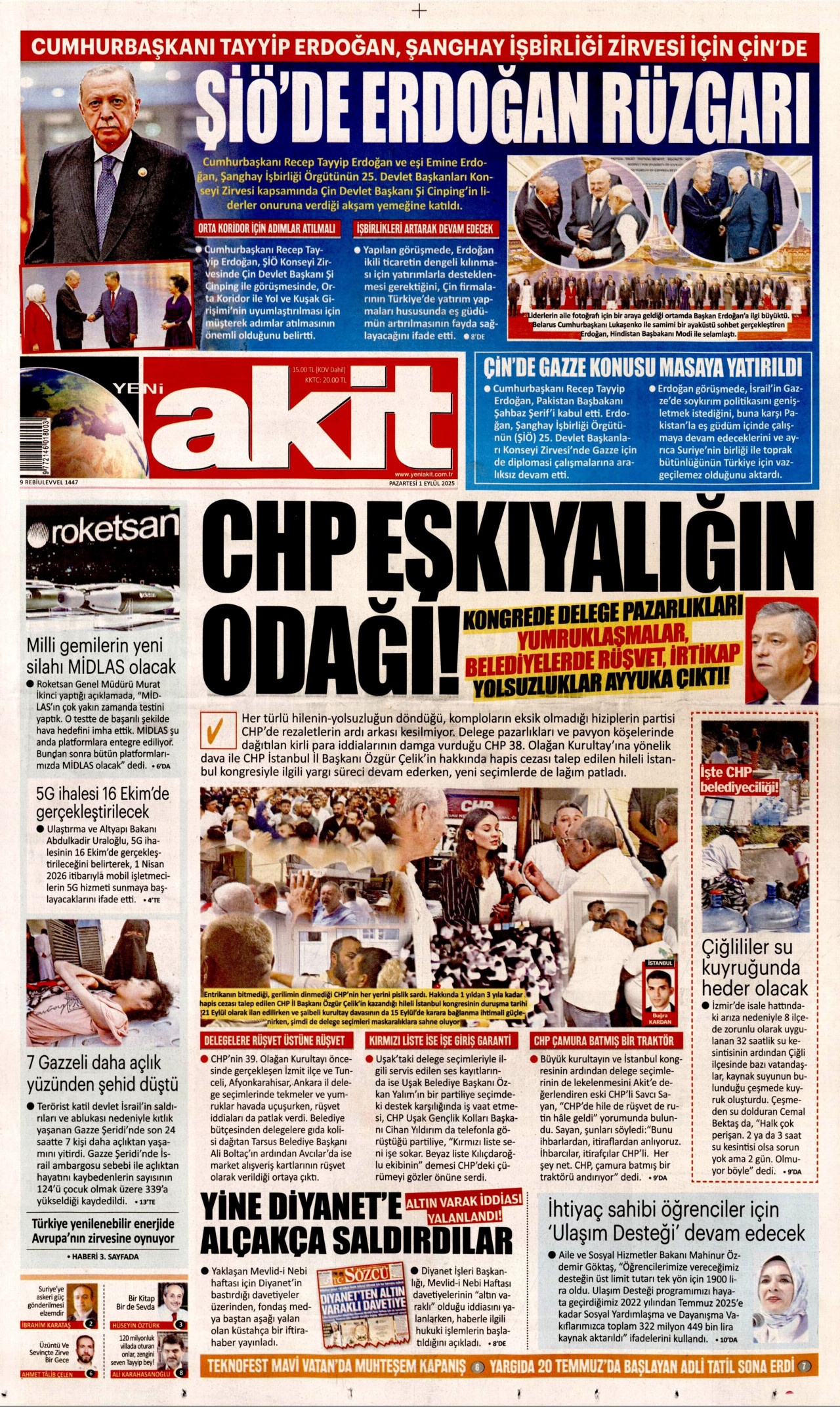 YENİ AKİT gazetesinin 1 Eylül 2025 tarihli birinci sayfası