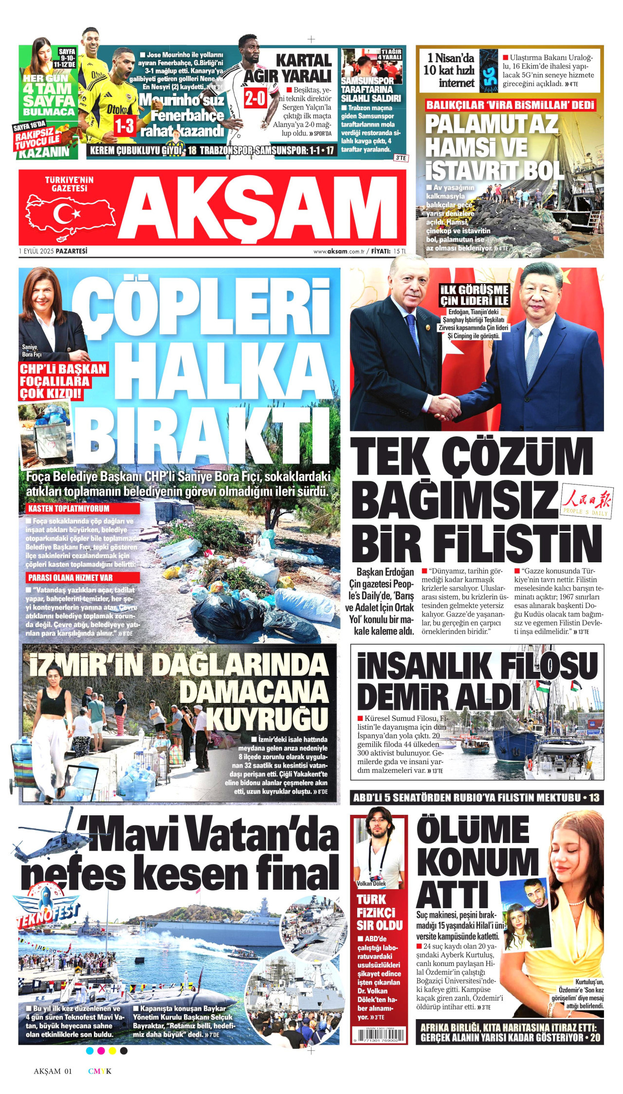 AKŞAM gazetesinin 1 Eylül 2025 tarihli birinci sayfası