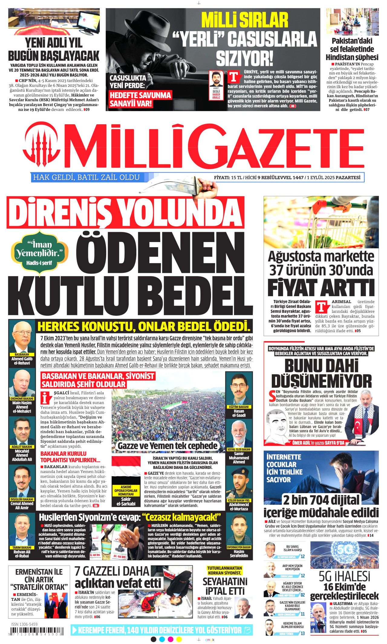 MİLLİ GAZETE gazetesinin 1 Eylül 2025 tarihli birinci sayfası