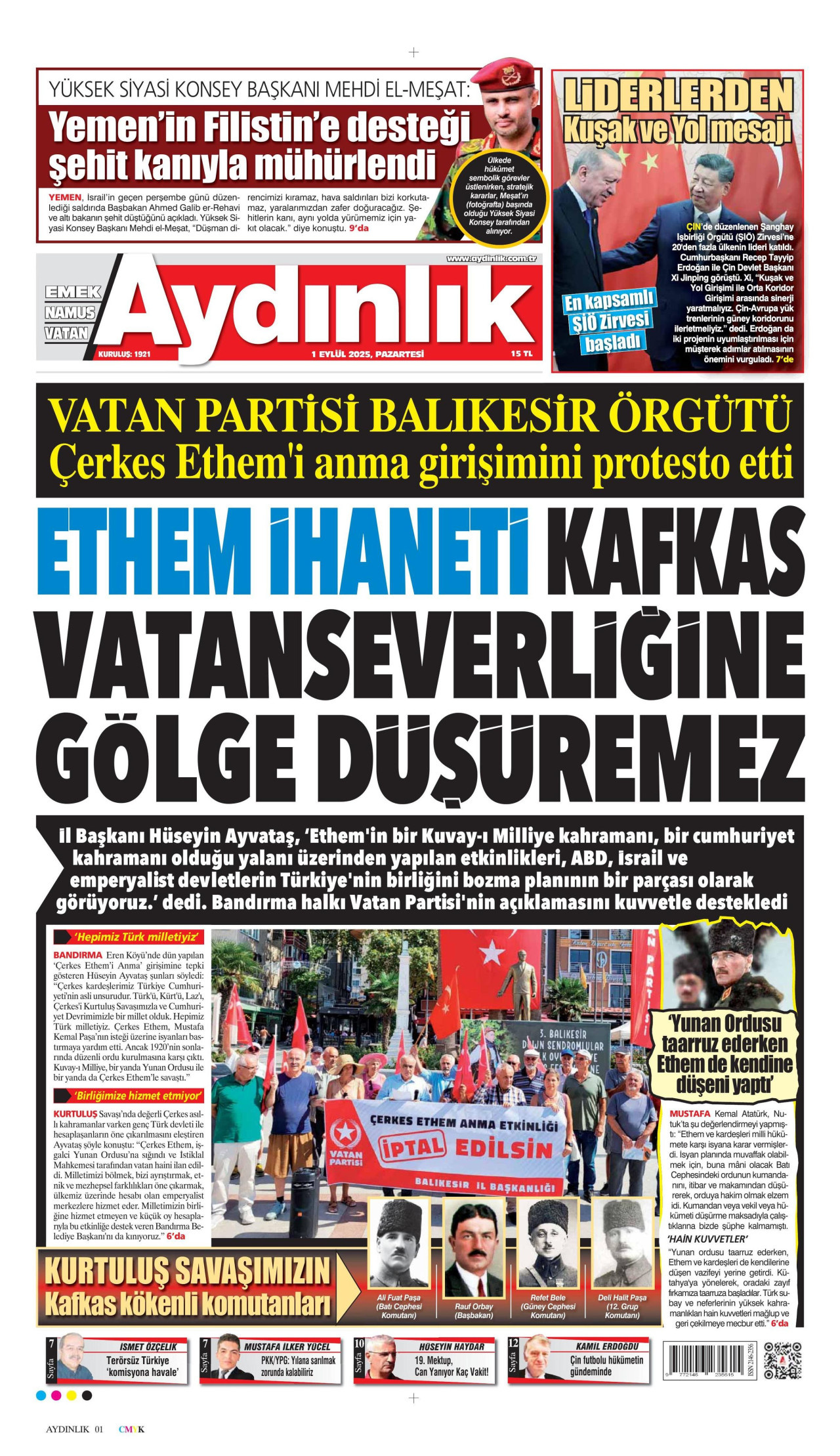 AYDINLIK GAZETESİ gazetesinin 1 Eylül 2025 tarihli birinci sayfası