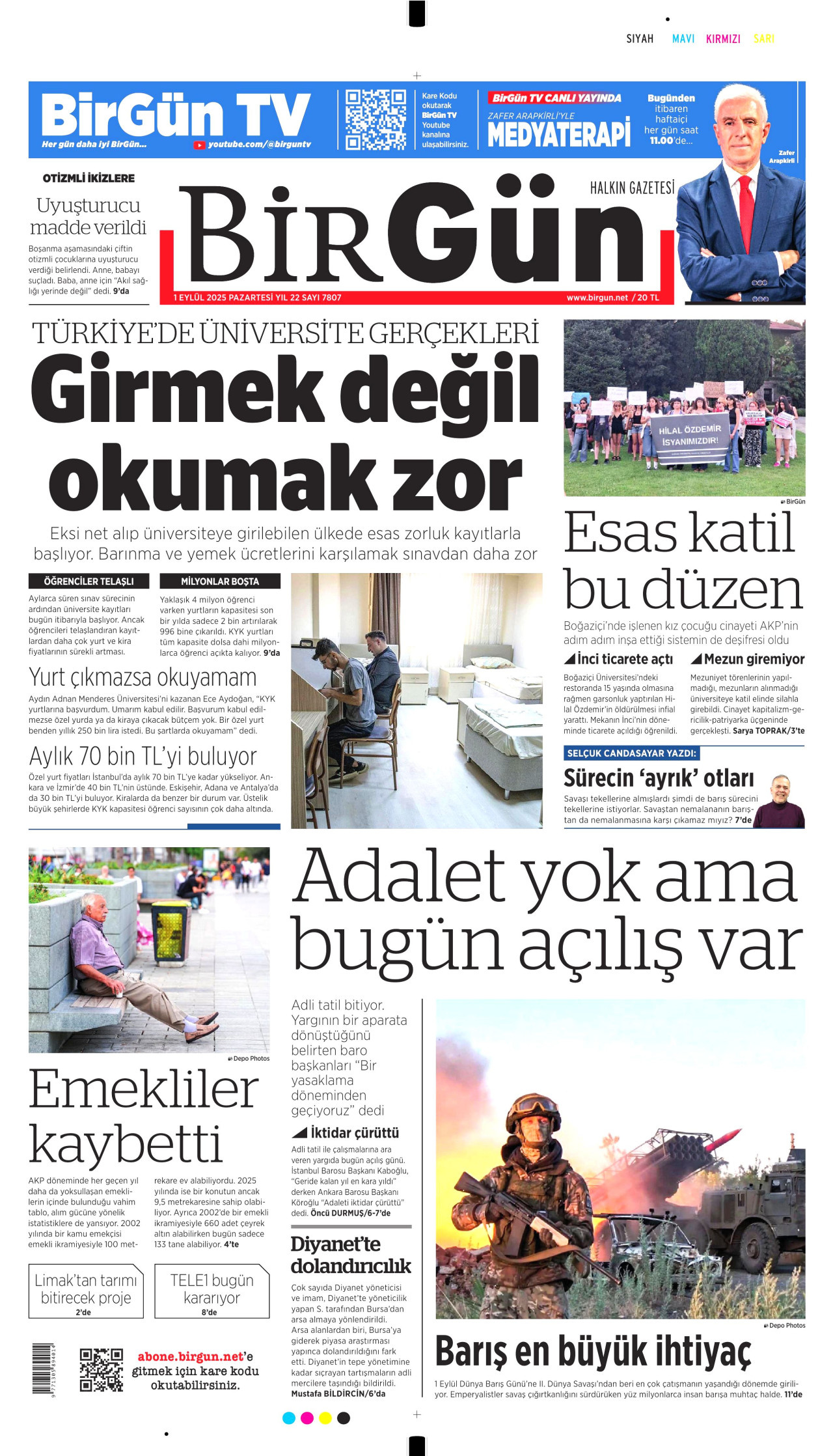 BİRGÜN gazetesinin 1 Eylül 2025 tarihli birinci sayfası
