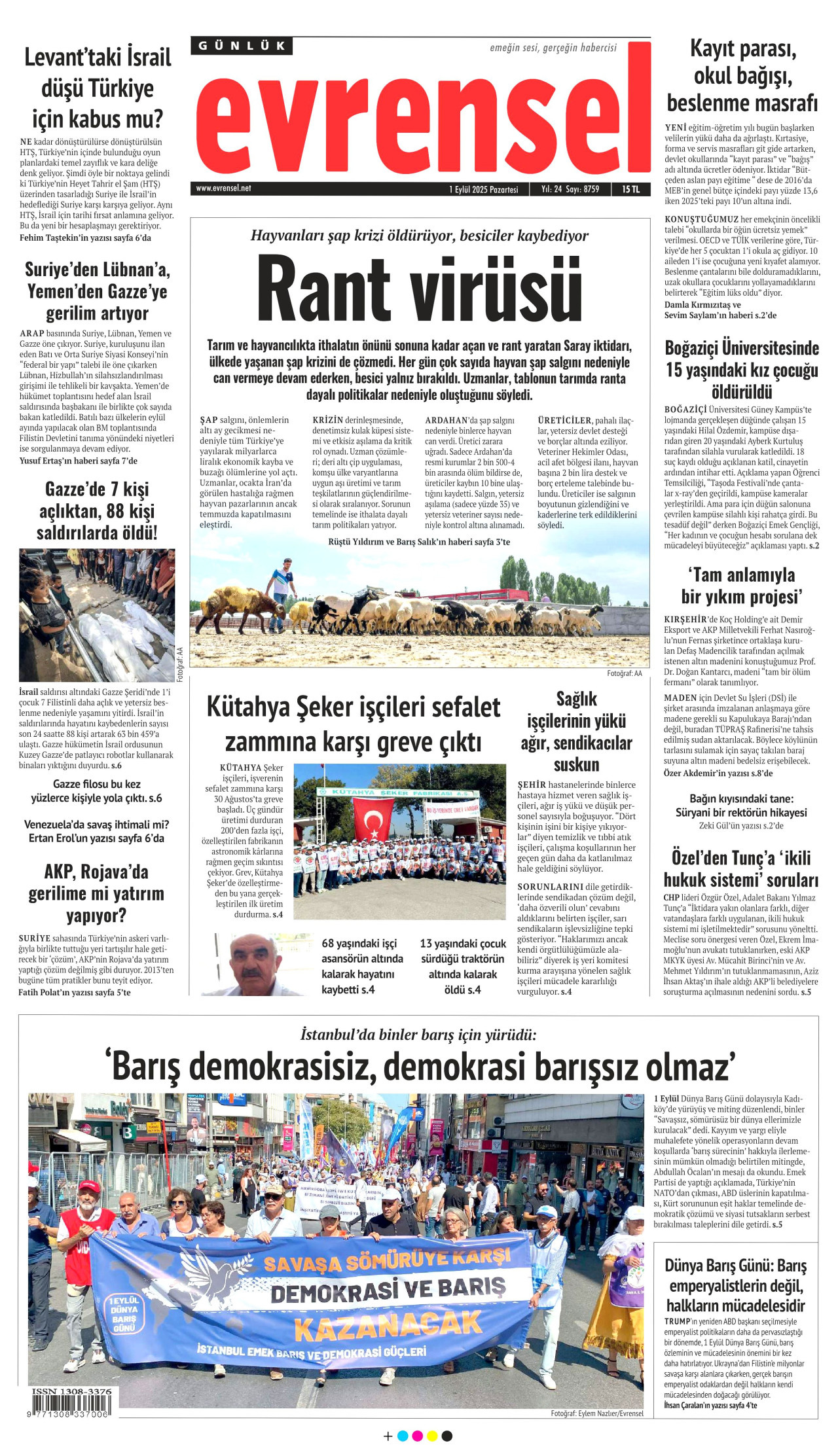 EVRENSEL gazetesinin 1 Eylül 2025 tarihli birinci sayfası