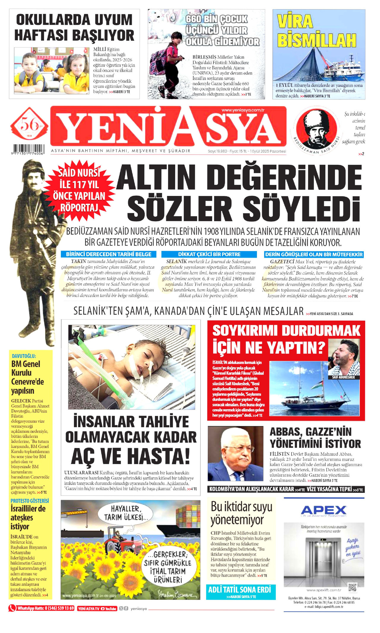 YENİ ASYA gazetesinin 1 Eylül 2025 tarihli birinci sayfası