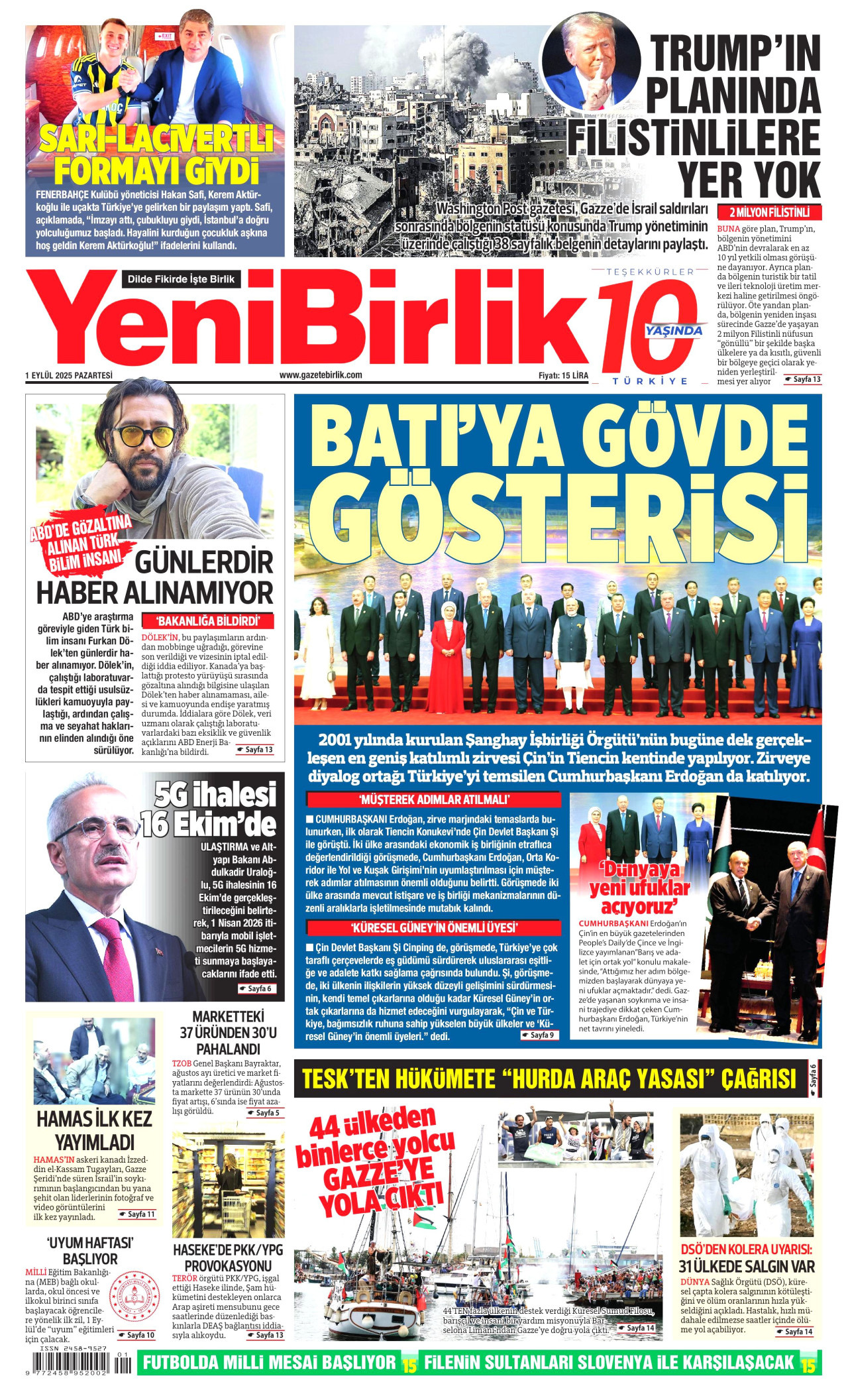 YENİBİRLİK gazetesinin 1 Eylül 2025 tarihli birinci sayfası