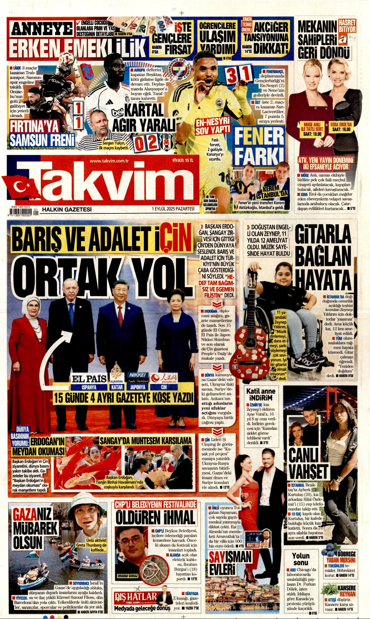 TAKVİM gazetesinin 1 Eylül 2025 tarihli birinci sayfası