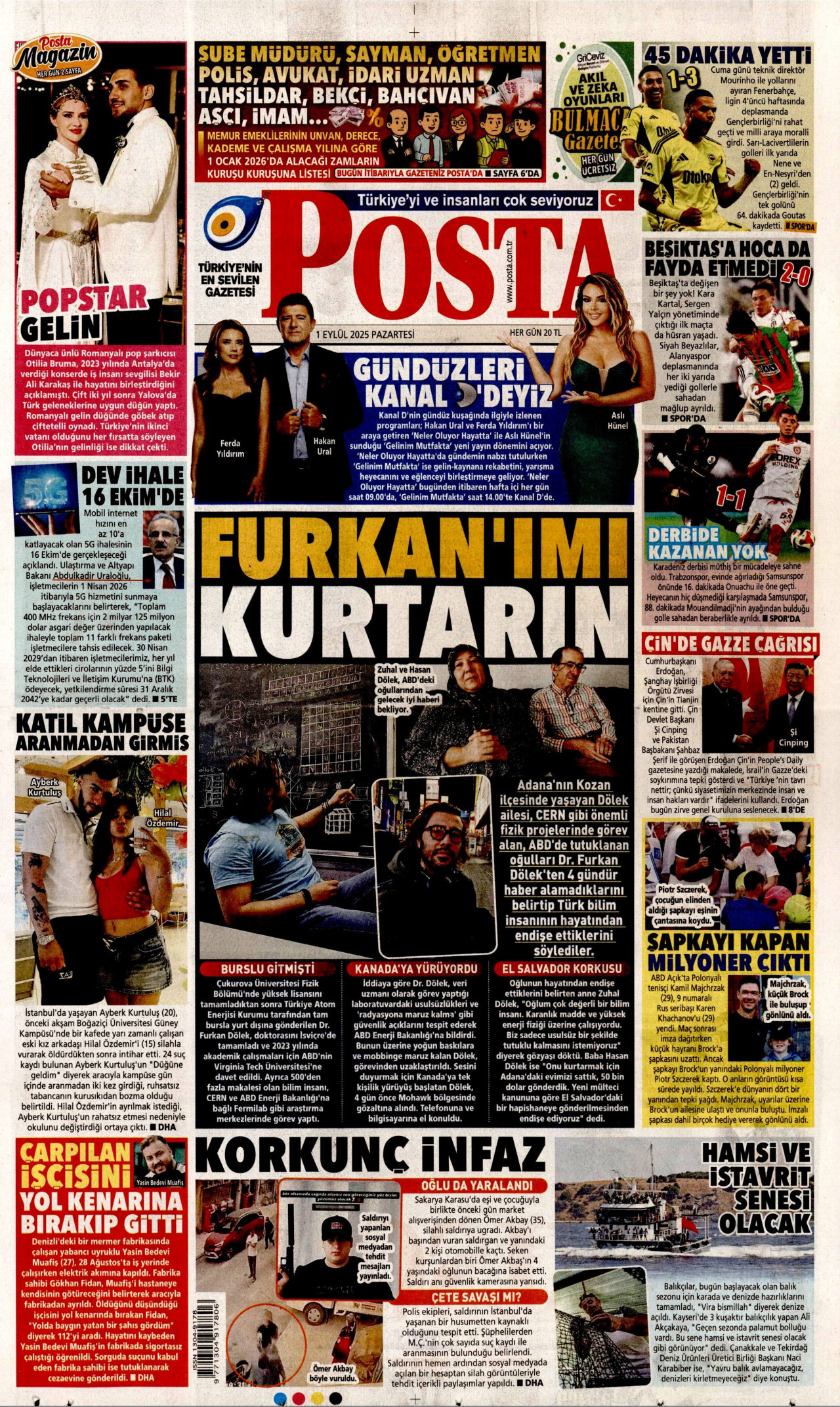 POSTA gazetesinin 1 Eylül 2025 tarihli birinci sayfası