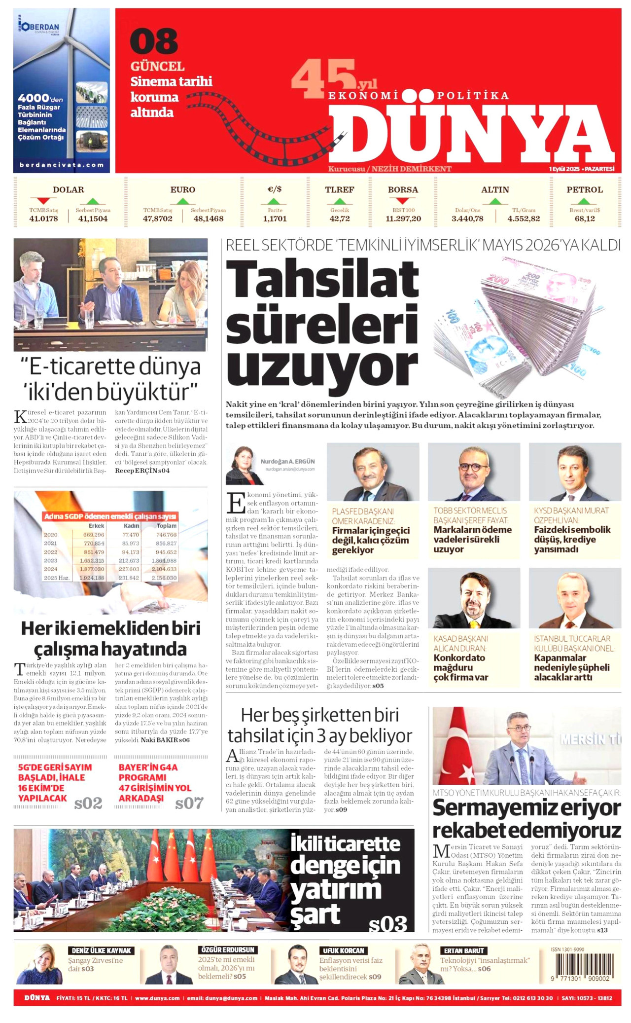 DÜNYA gazetesinin 1 Eylül 2025 tarihli birinci sayfası