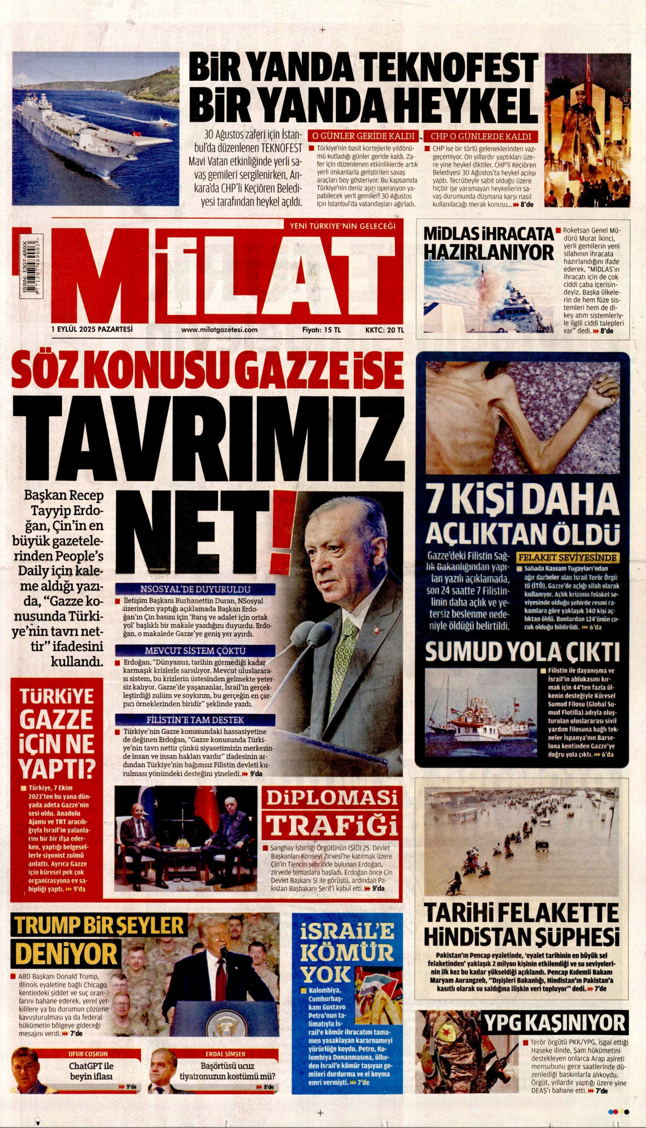 MİLAT gazetesinin 1 Eylül 2025 tarihli birinci sayfası