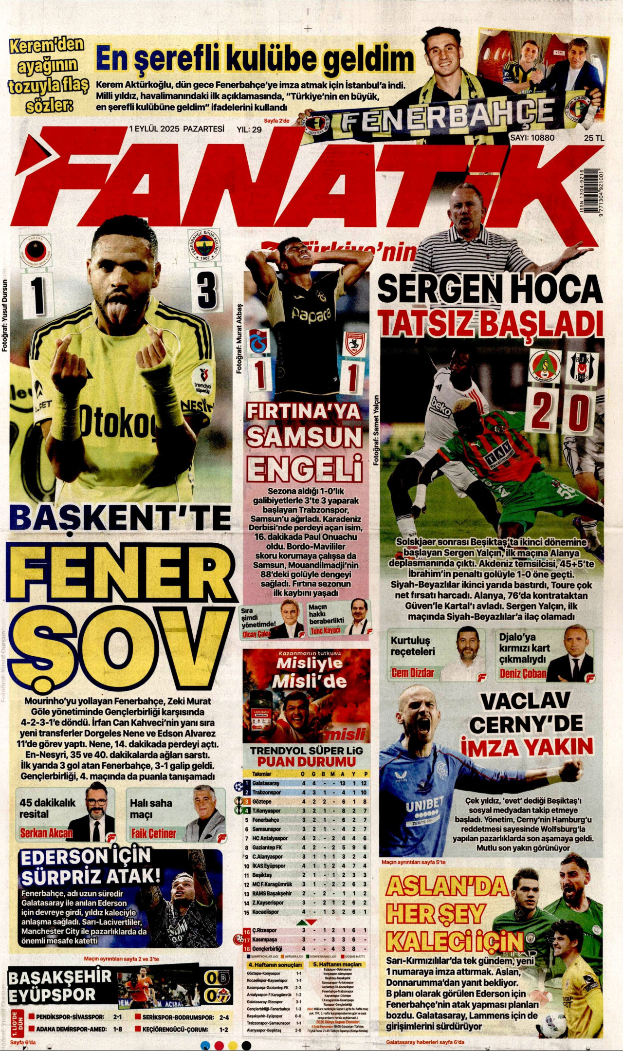 FANATİK gazetesinin 1 Eylül 2025 tarihli birinci sayfası