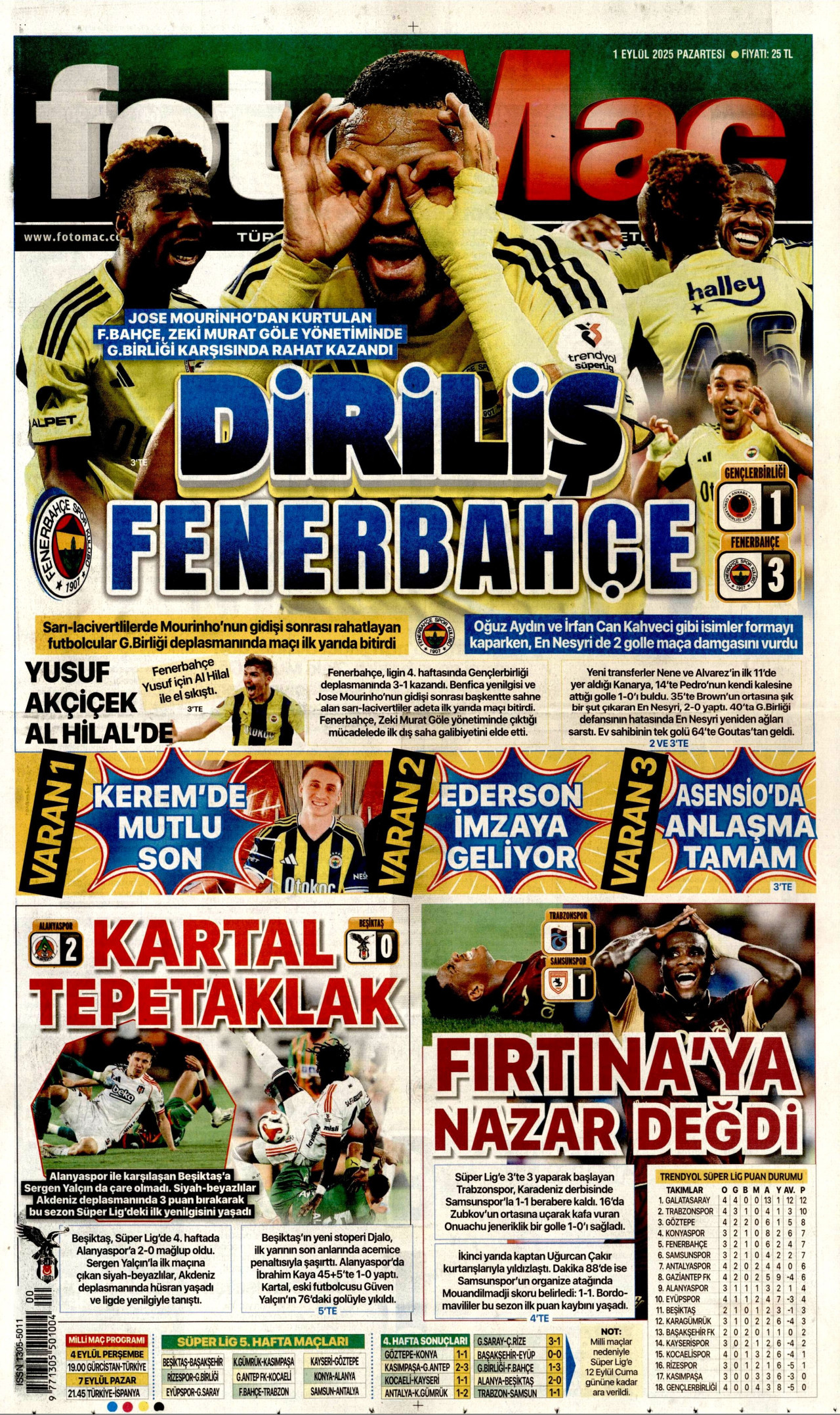 FOTOMAÇ gazetesinin 1 Eylül 2025 tarihli birinci sayfası