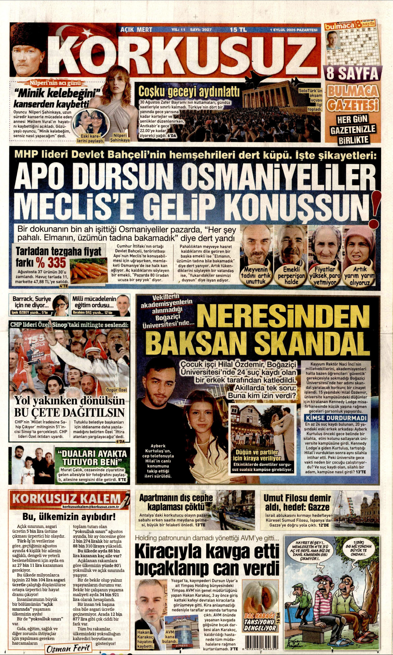 KORKUSUZ gazetesinin 1 Eylül 2025 tarihli birinci sayfası