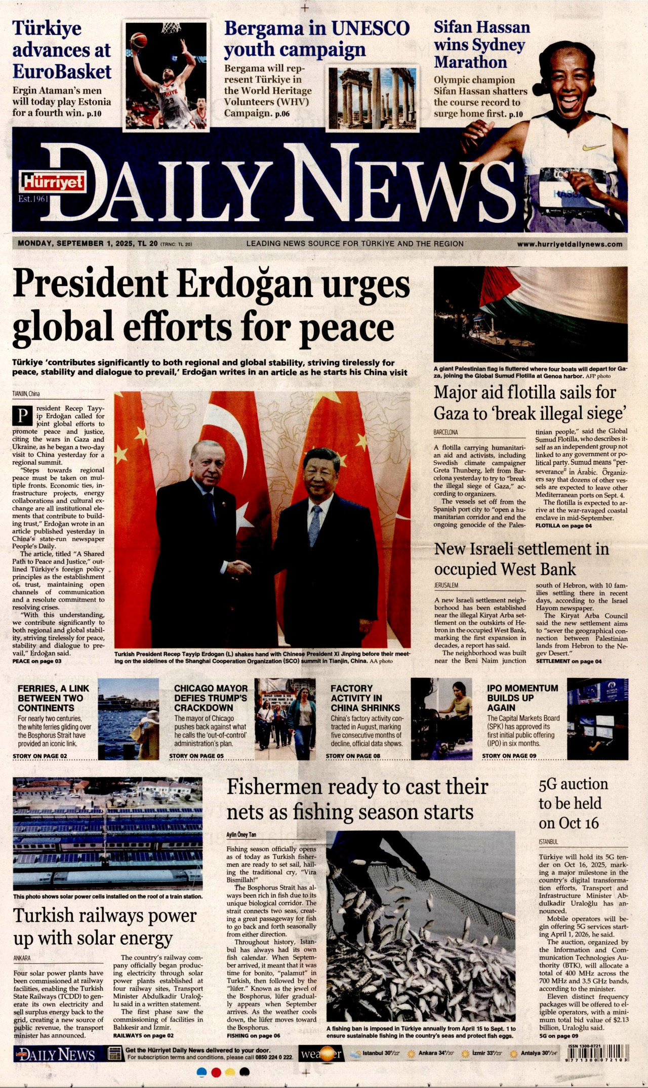 HÜRRİYET DAİLY NEWS gazetesinin 1 Eylül 2025 tarihli birinci sayfası