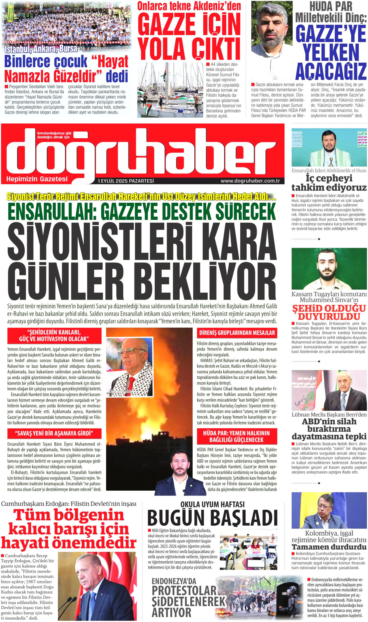 DOĞRU HABER gazetesinin 1 Eylül 2025 tarihli birinci sayfası