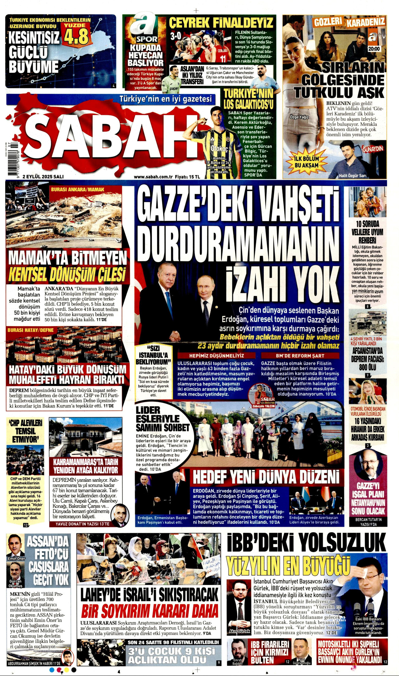 SABAH gazetesinin 2 Eylül 2025 tarihli birinci sayfası