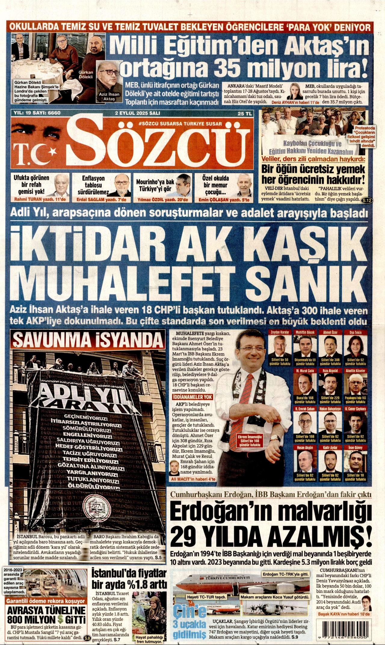 SÖZCÜ gazetesinin 2 Eylül 2025 tarihli birinci sayfası