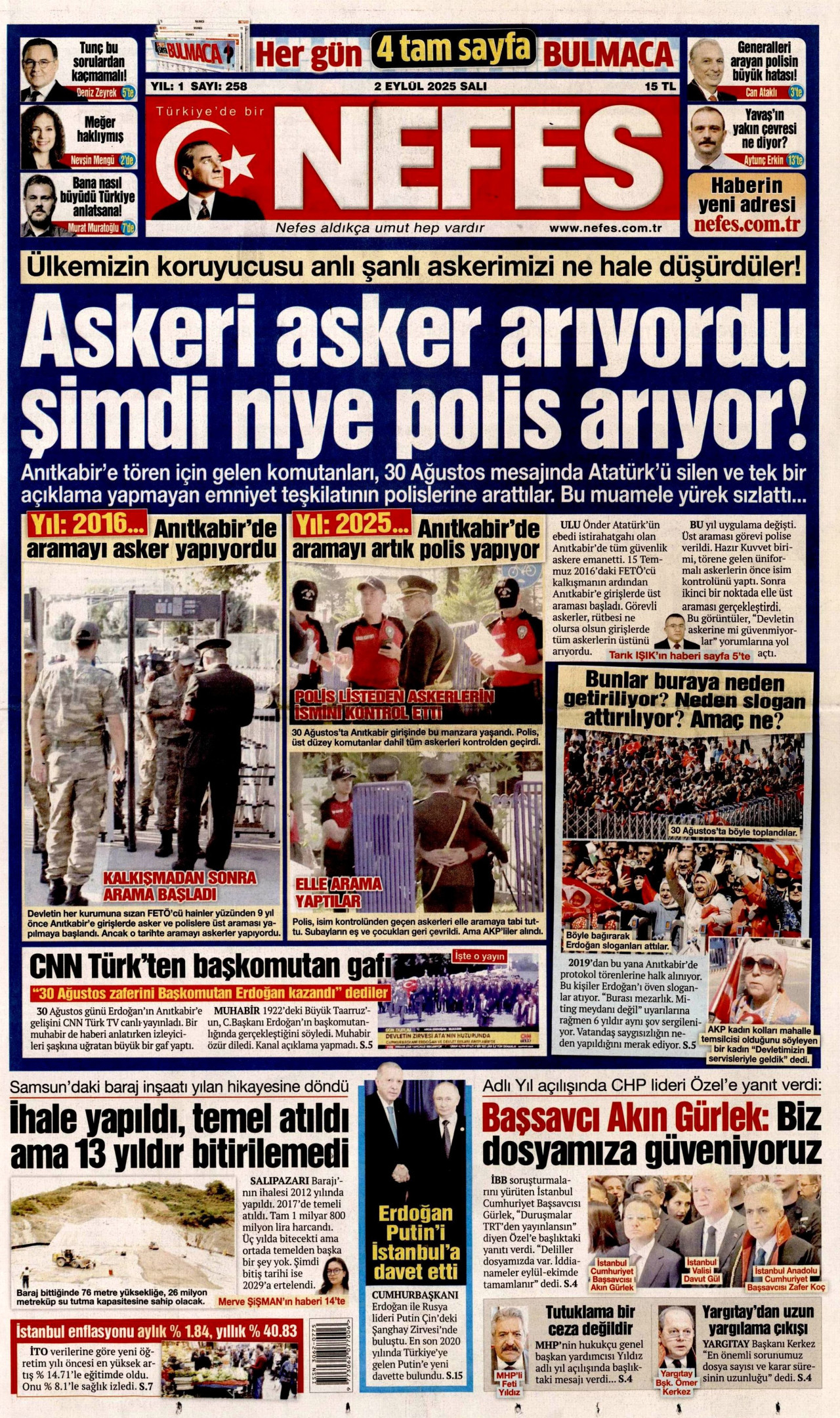 NEFES gazetesinin 2 Eylül 2025 tarihli birinci sayfası