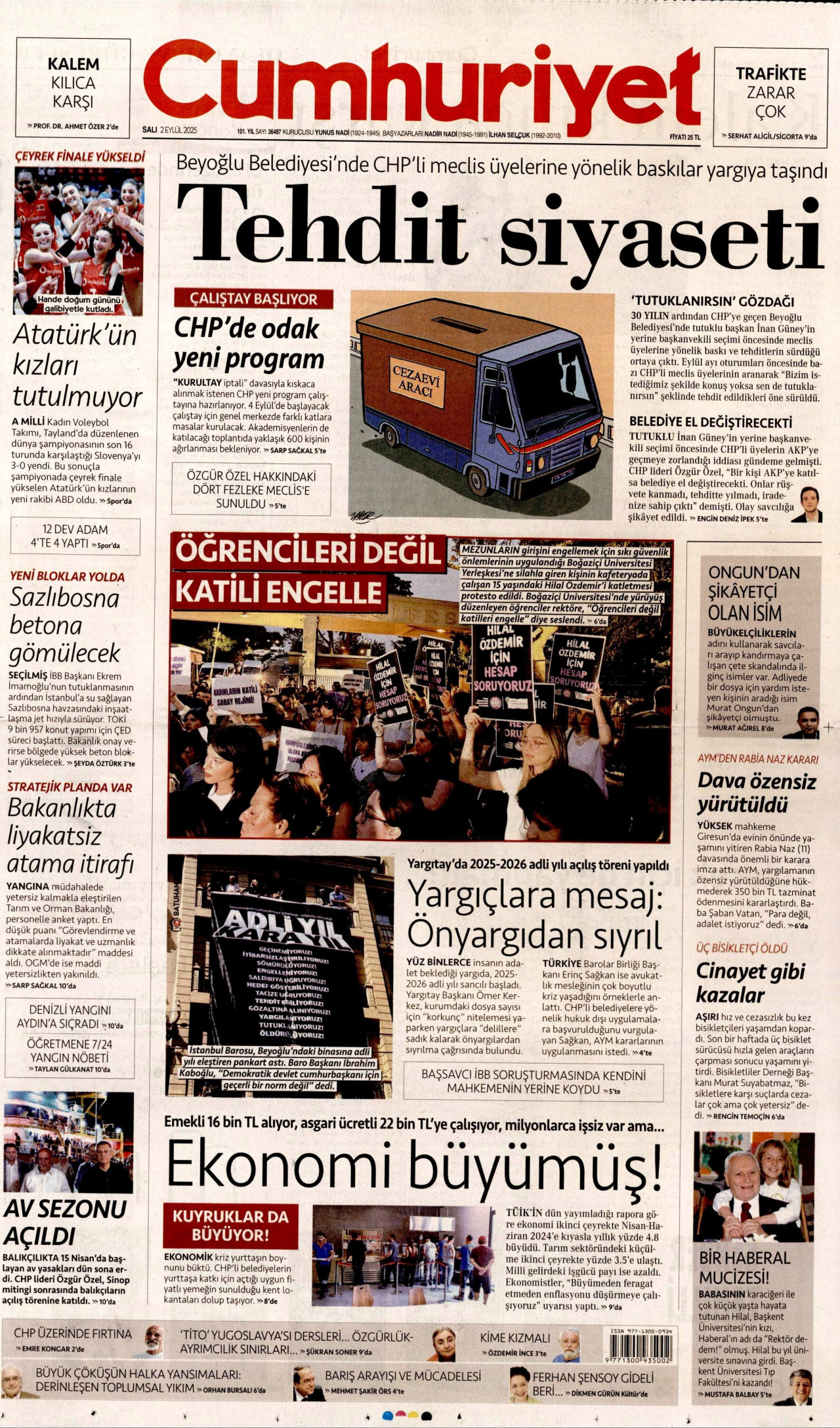 CUMHURİYET gazetesinin 2 Eylül 2025 tarihli birinci sayfası