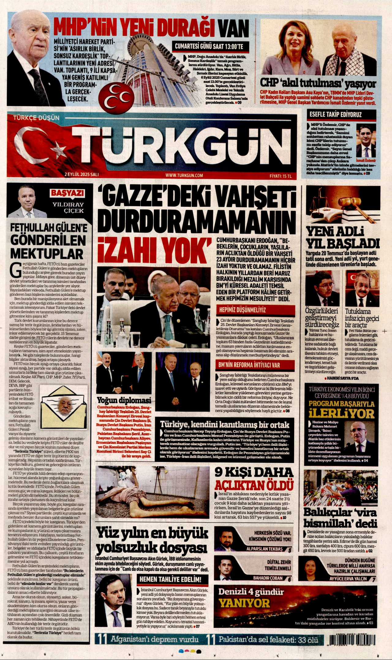 TÜRKGÜN gazetesinin 2 Eylül 2025 tarihli birinci sayfası