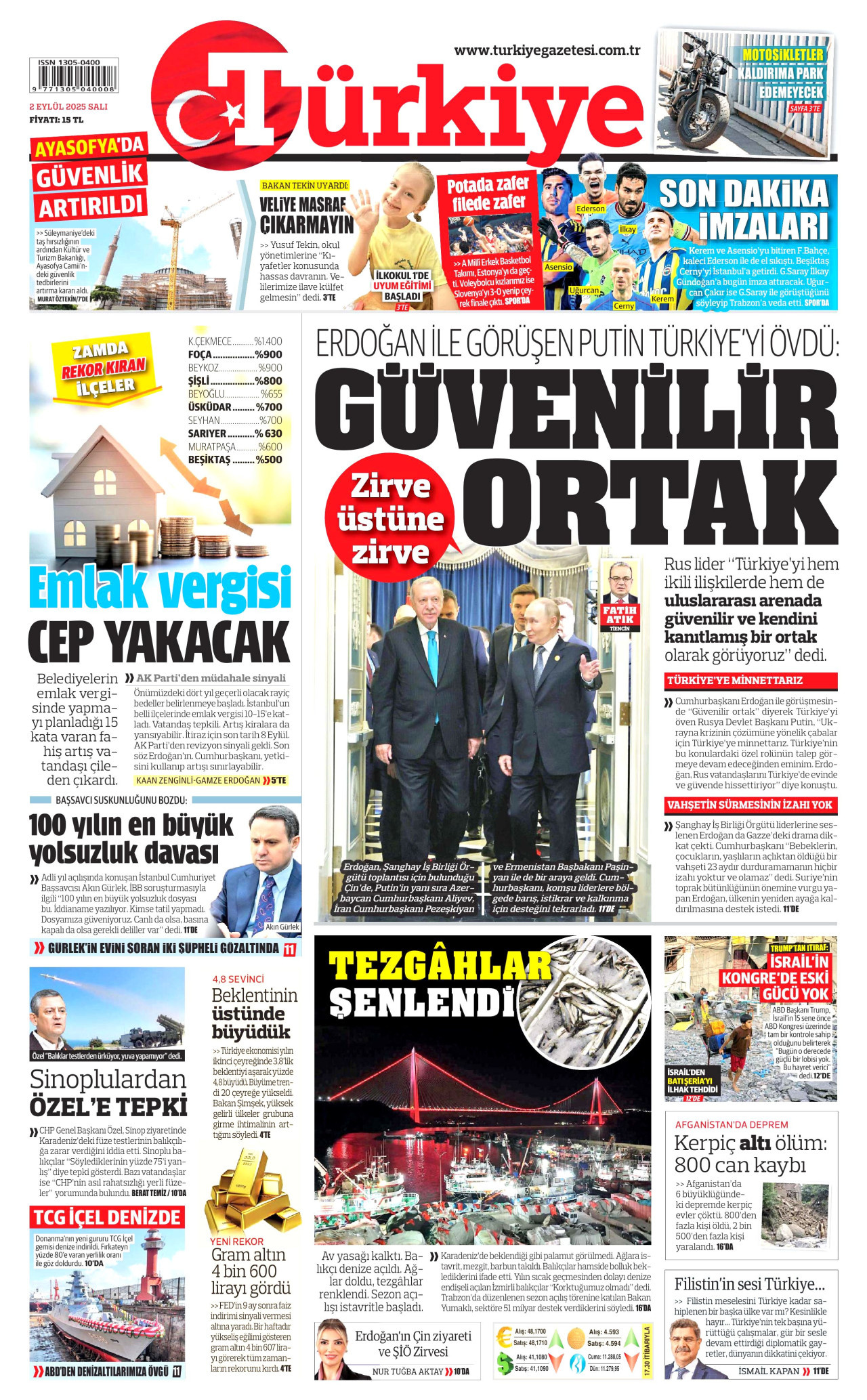TÜRKİYE GAZETESİ gazetesinin 2 Eylül 2025 tarihli birinci sayfası