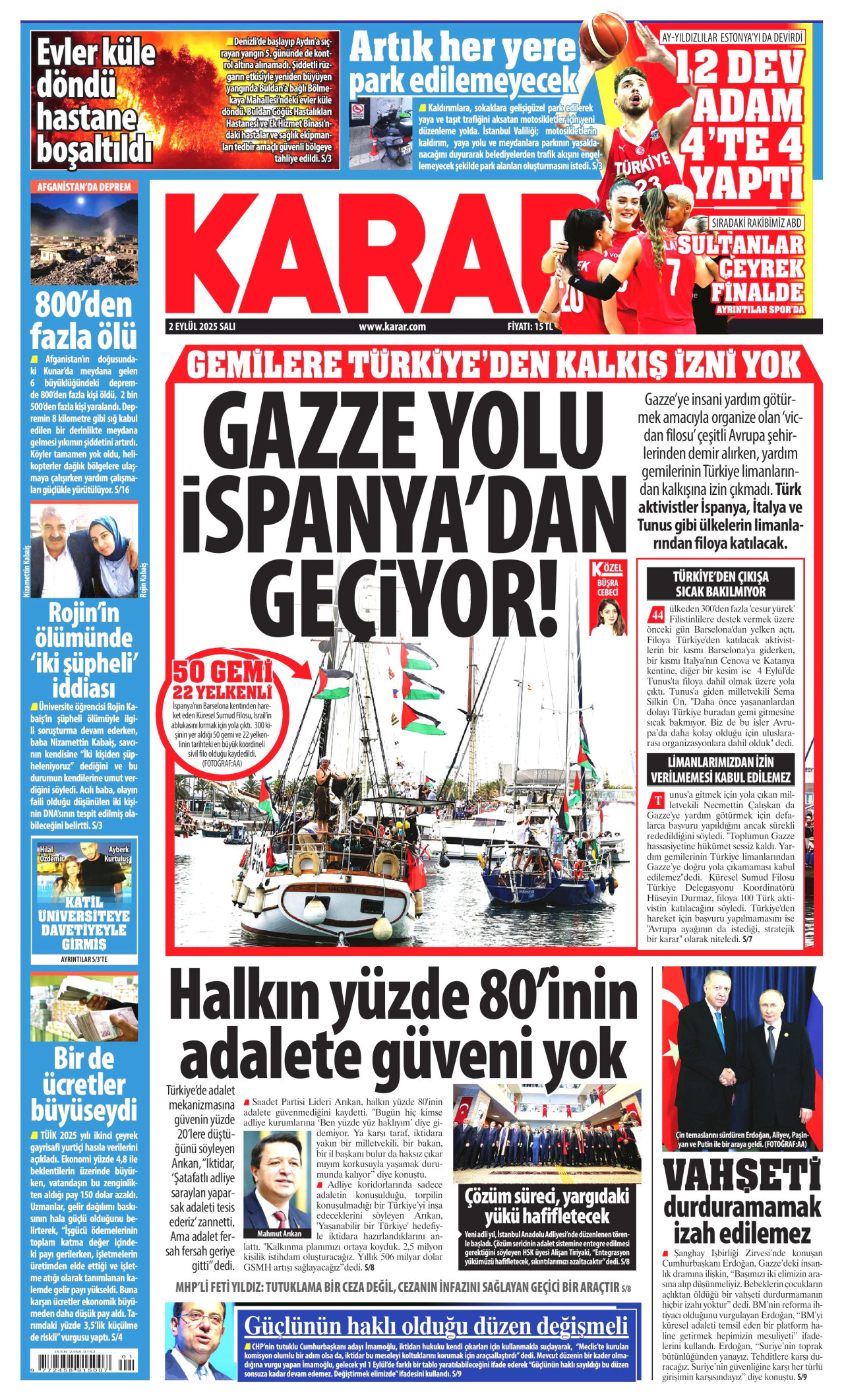 KARAR gazetesinin 2 Eylül 2025 tarihli birinci sayfası