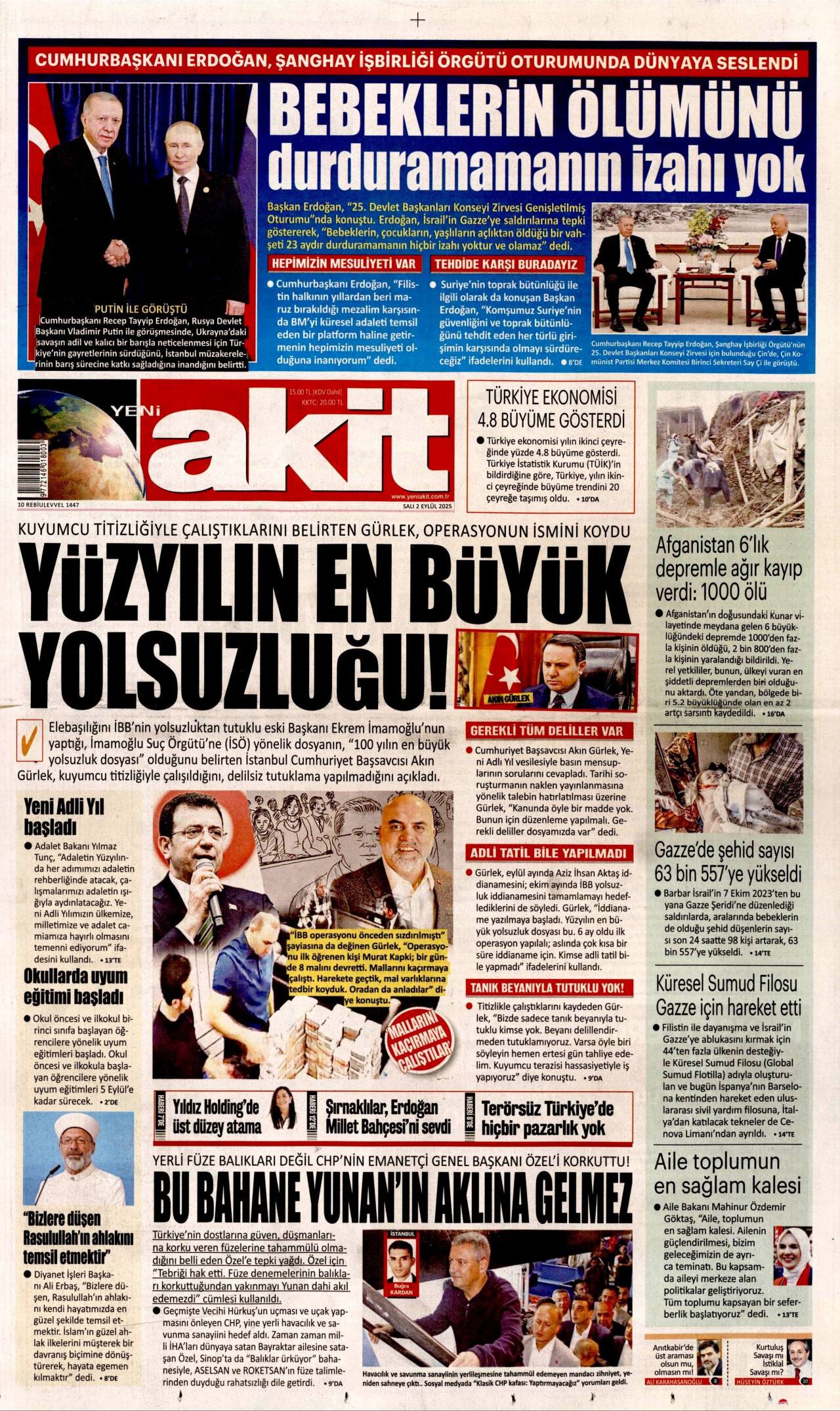 YENİ AKİT gazetesinin 2 Eylül 2025 tarihli birinci sayfası