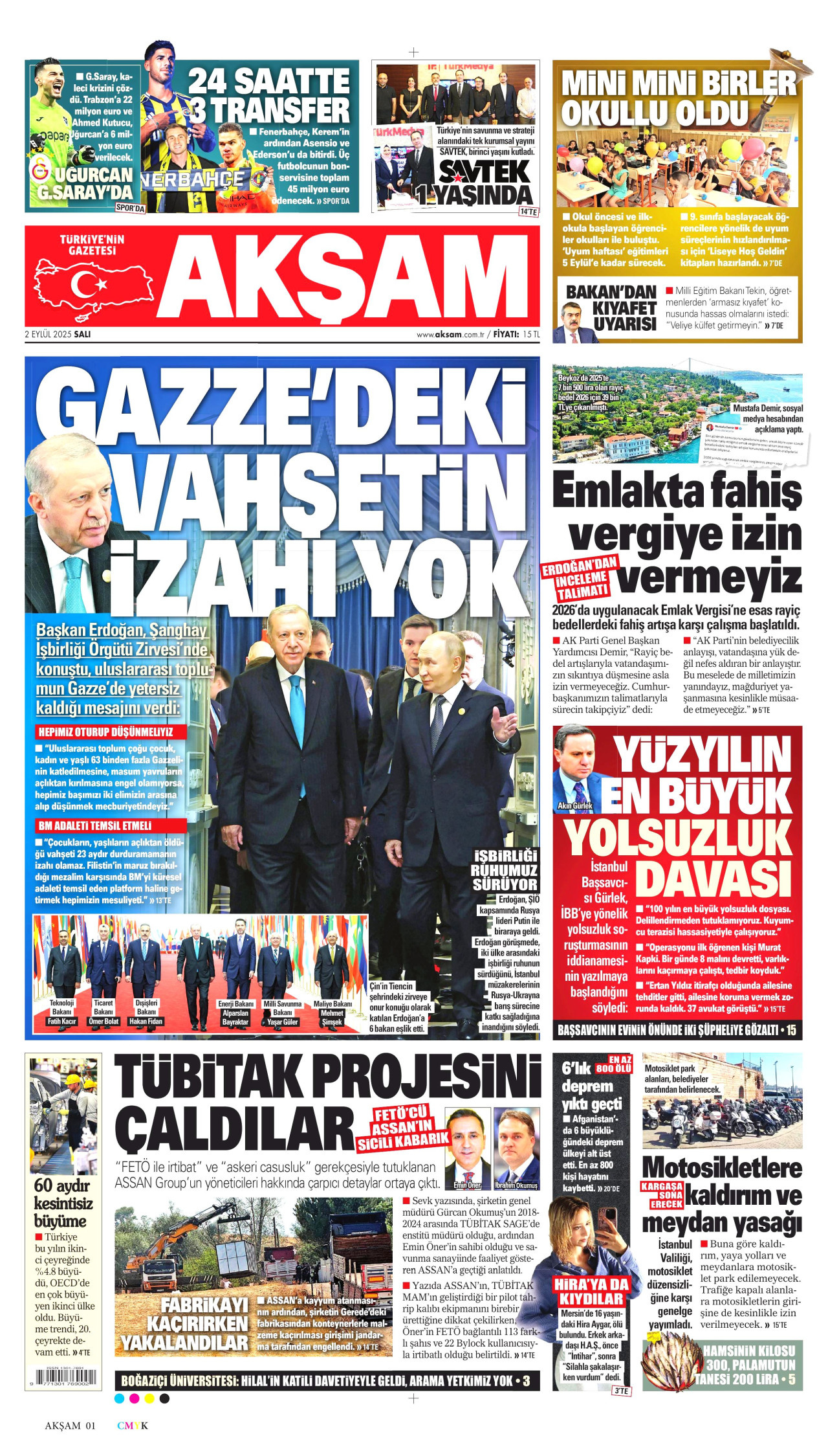 AKŞAM gazetesinin 2 Eylül 2025 tarihli birinci sayfası