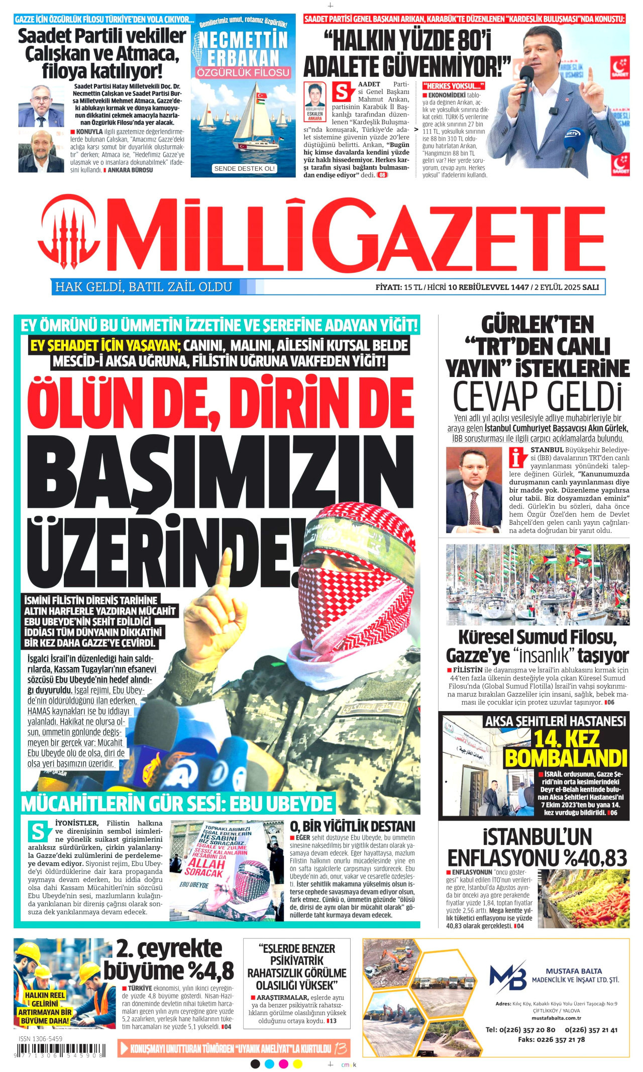 MİLLİ GAZETE gazetesinin 2 Eylül 2025 tarihli birinci sayfası