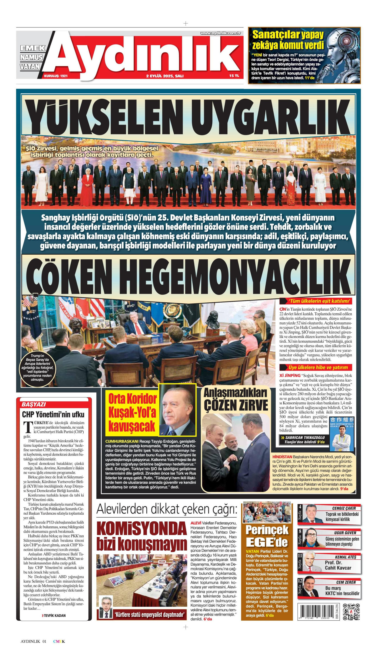 AYDINLIK GAZETESİ gazetesinin 2 Eylül 2025 tarihli birinci sayfası