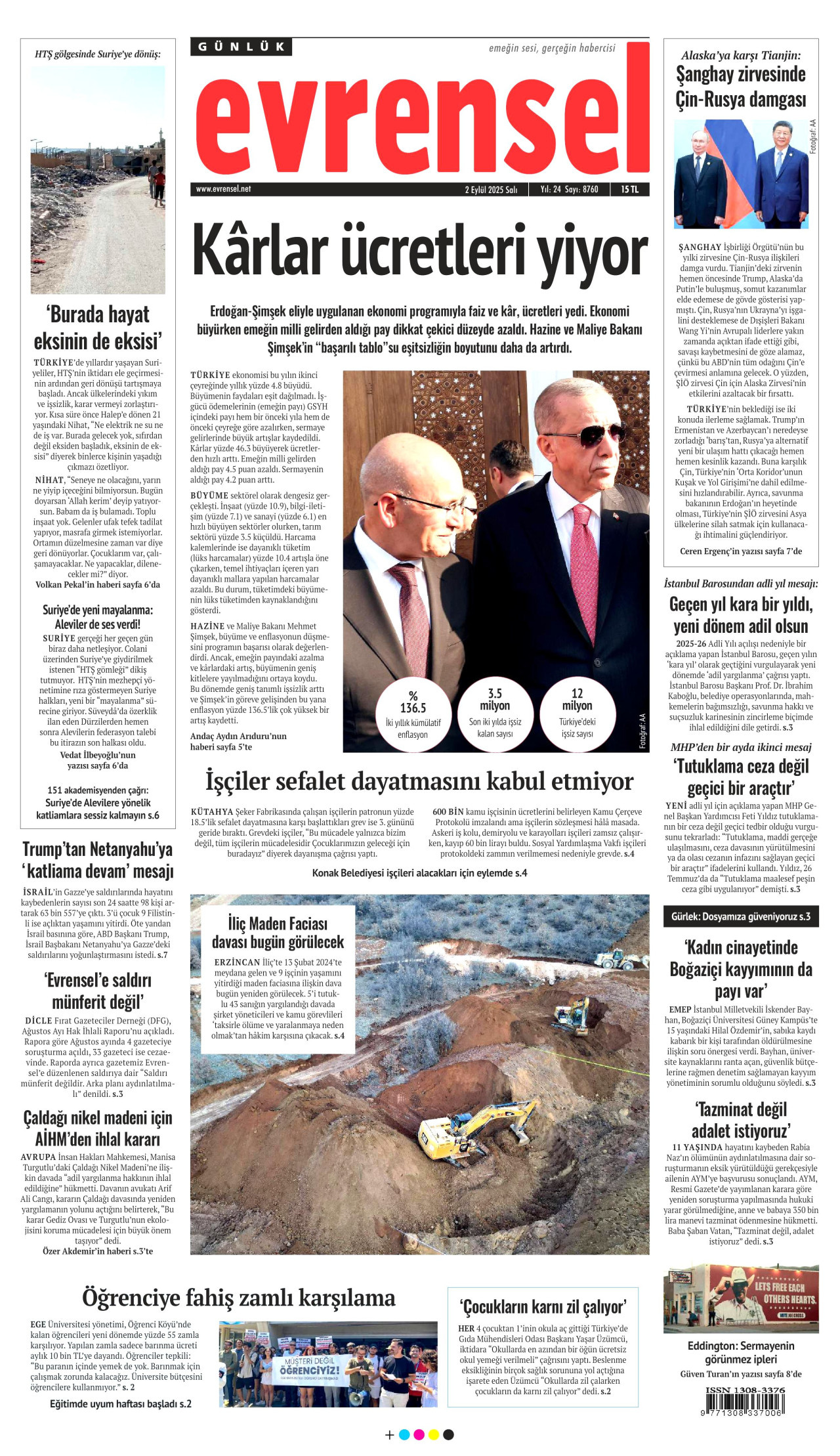 EVRENSEL gazetesinin 2 Eylül 2025 tarihli birinci sayfası