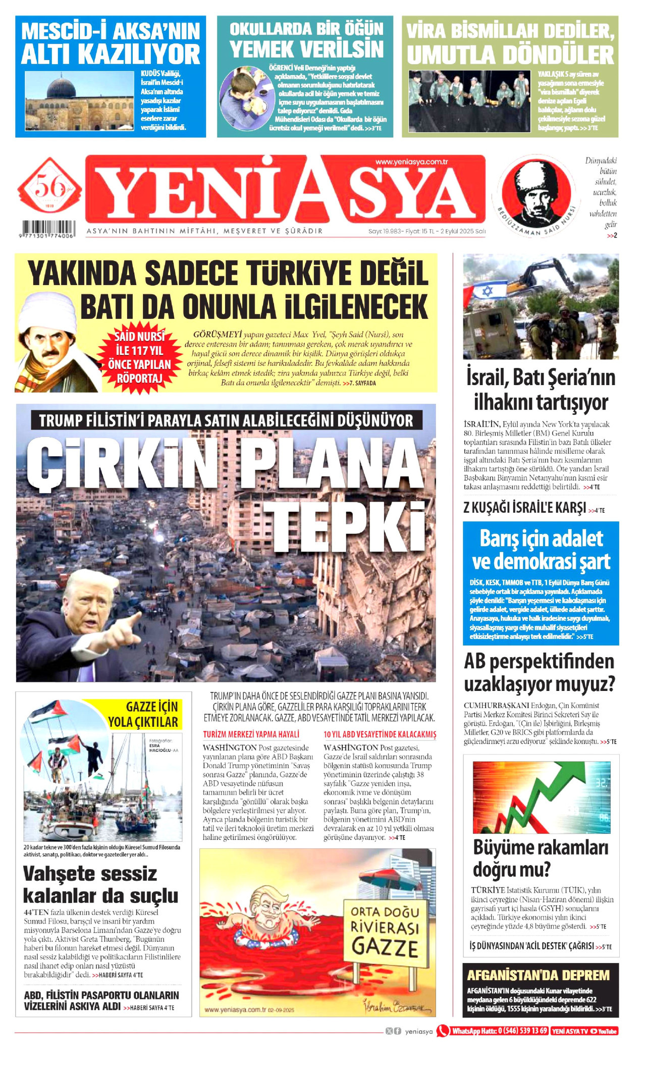 YENİ ASYA gazetesinin 2 Eylül 2025 tarihli birinci sayfası